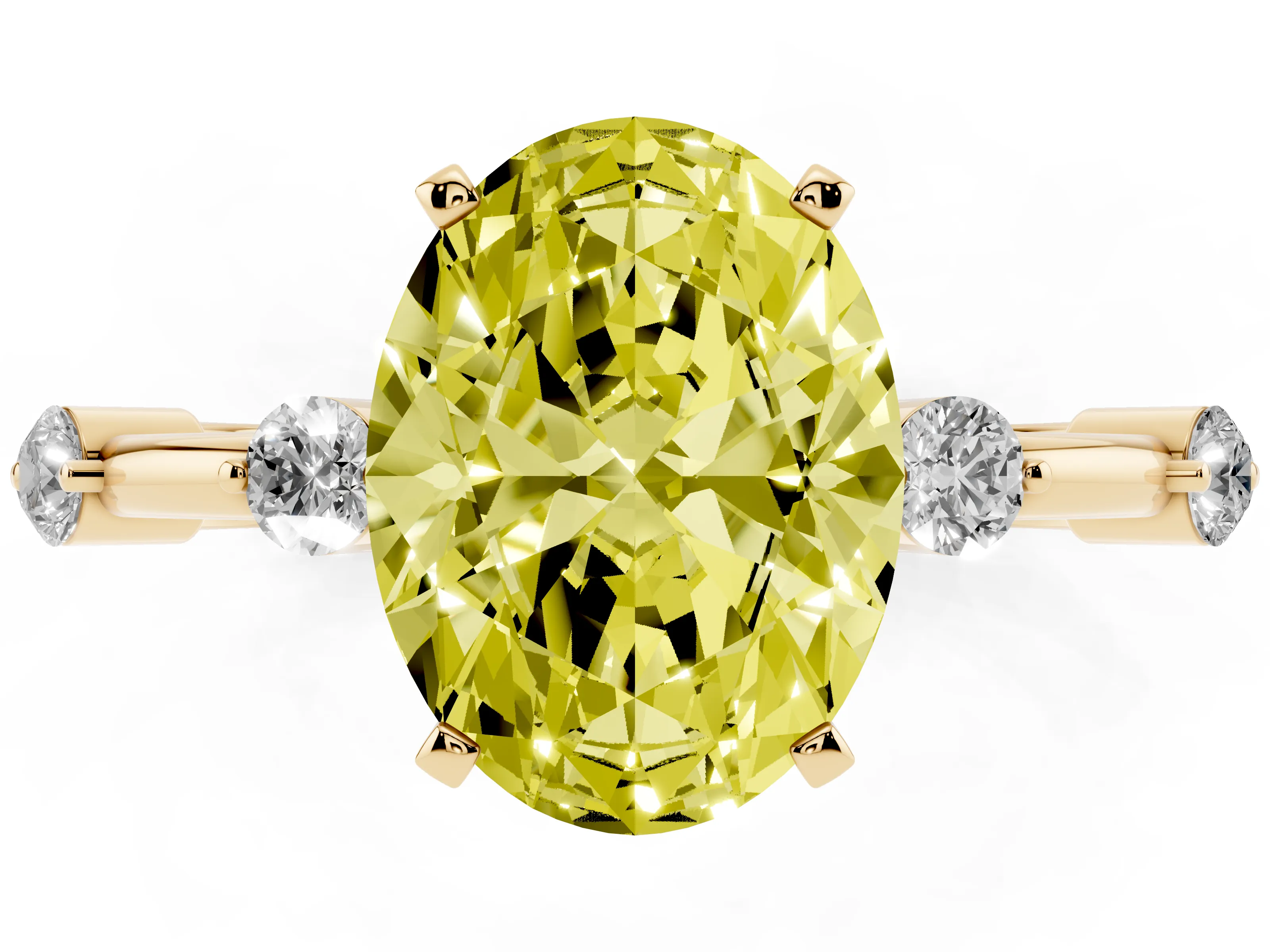 Fancy Yellow Oval Cut Diamond Solitaire Ring Set in Yellow gold with Bezel Set Side Stones and Prong Setting