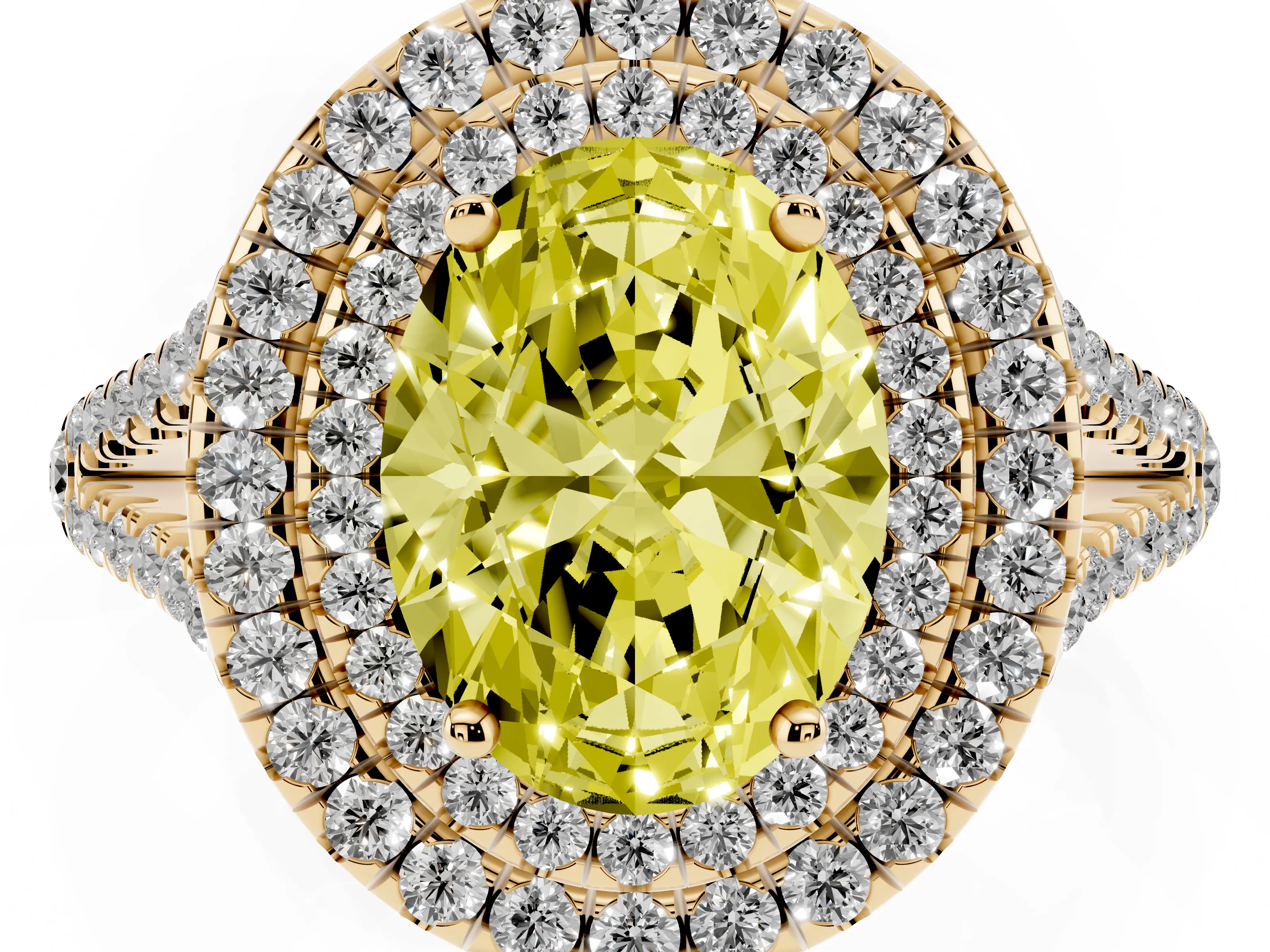 Fancy Yellow Oval Cut Diamond Double Halo Ring Set in Yellow gold with Pavé Band