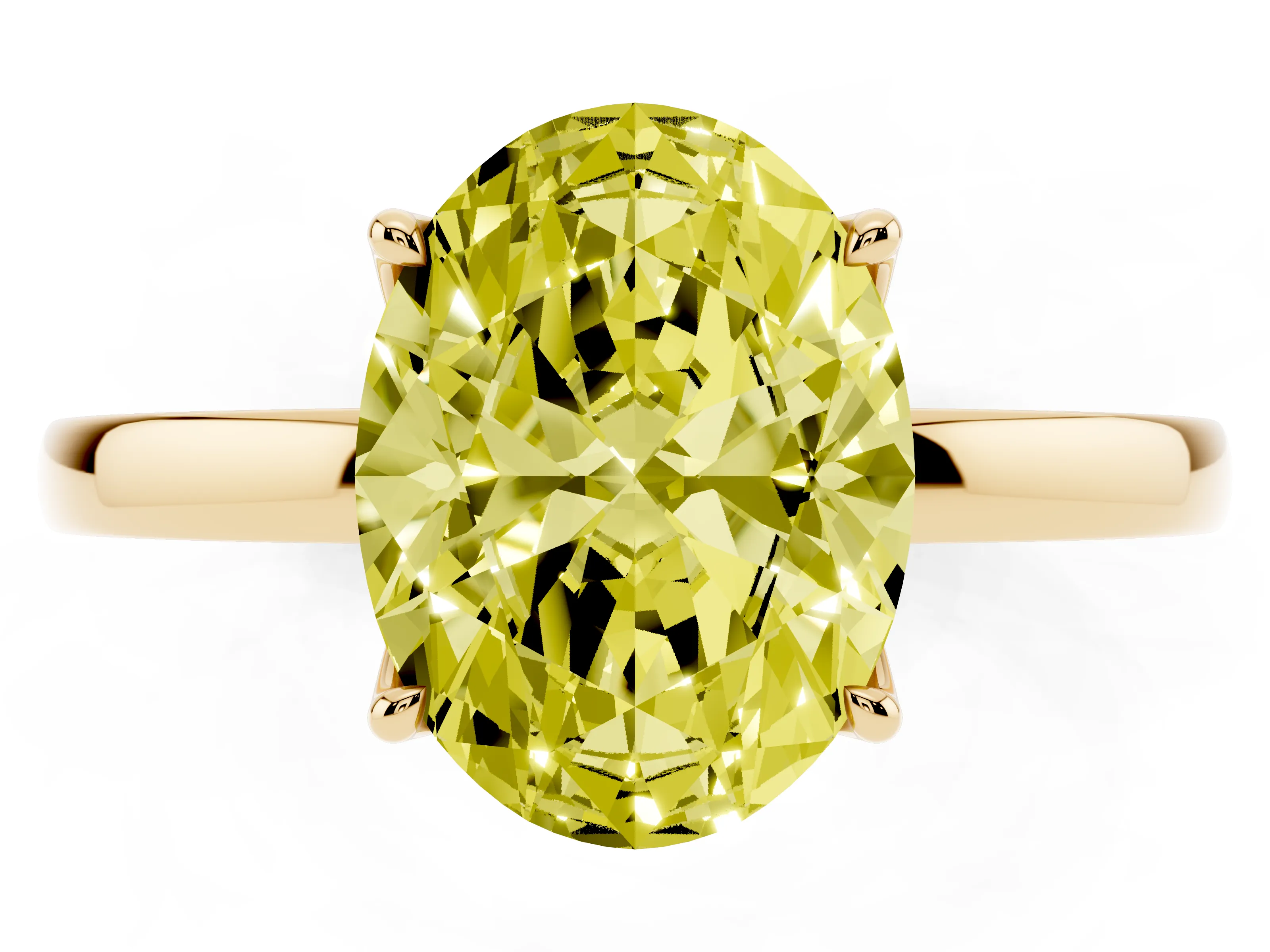 Fancy Yellow Oval Cut Diamond Solitaire Ring Set in Yellow gold with Prong Setting and Thin Polished Band