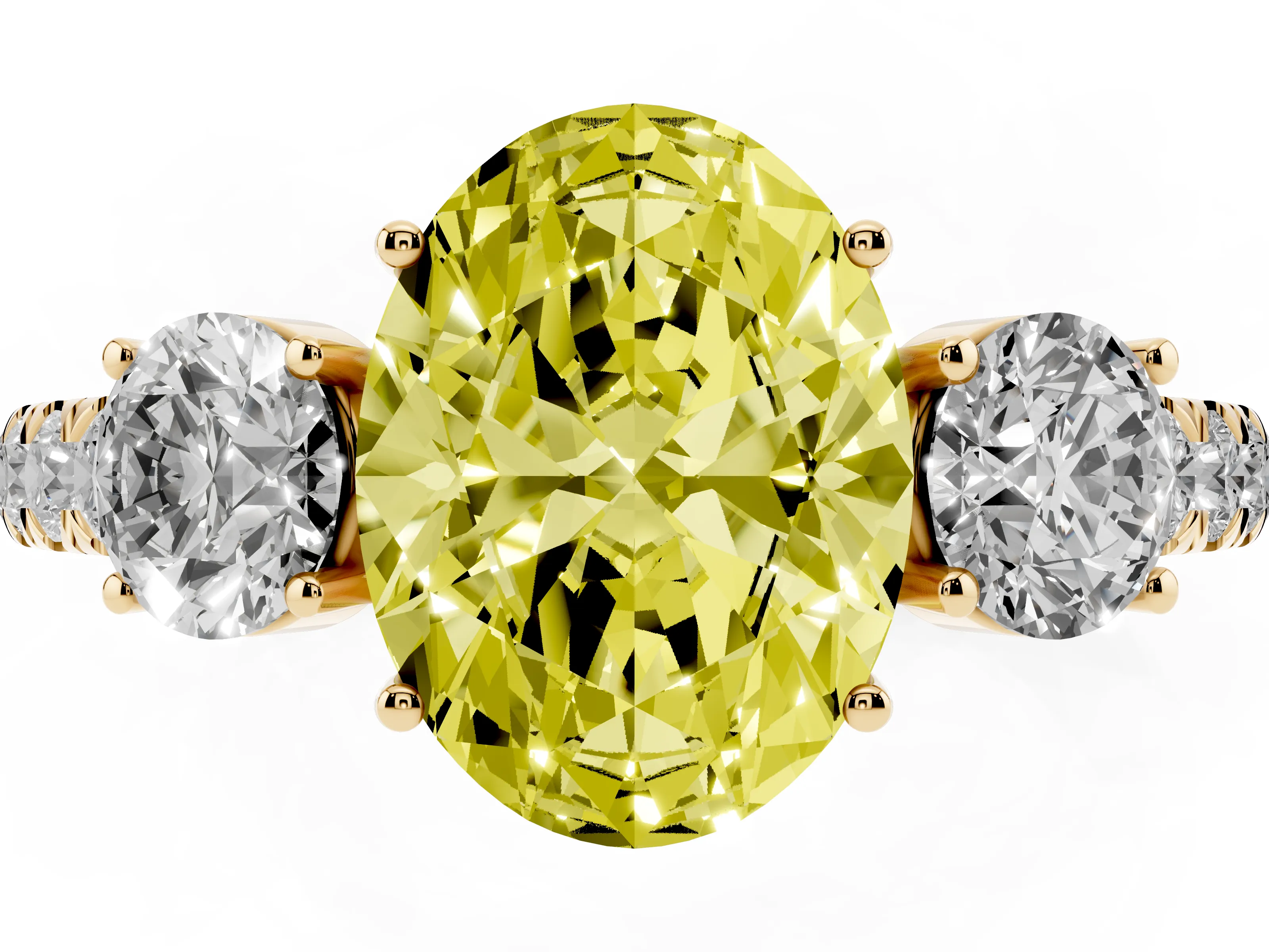 Fancy Yellow Oval Cut Diamond Three-Stone Ring Set in Yellow gold with Round Side Stones and Delicate Pavé Band