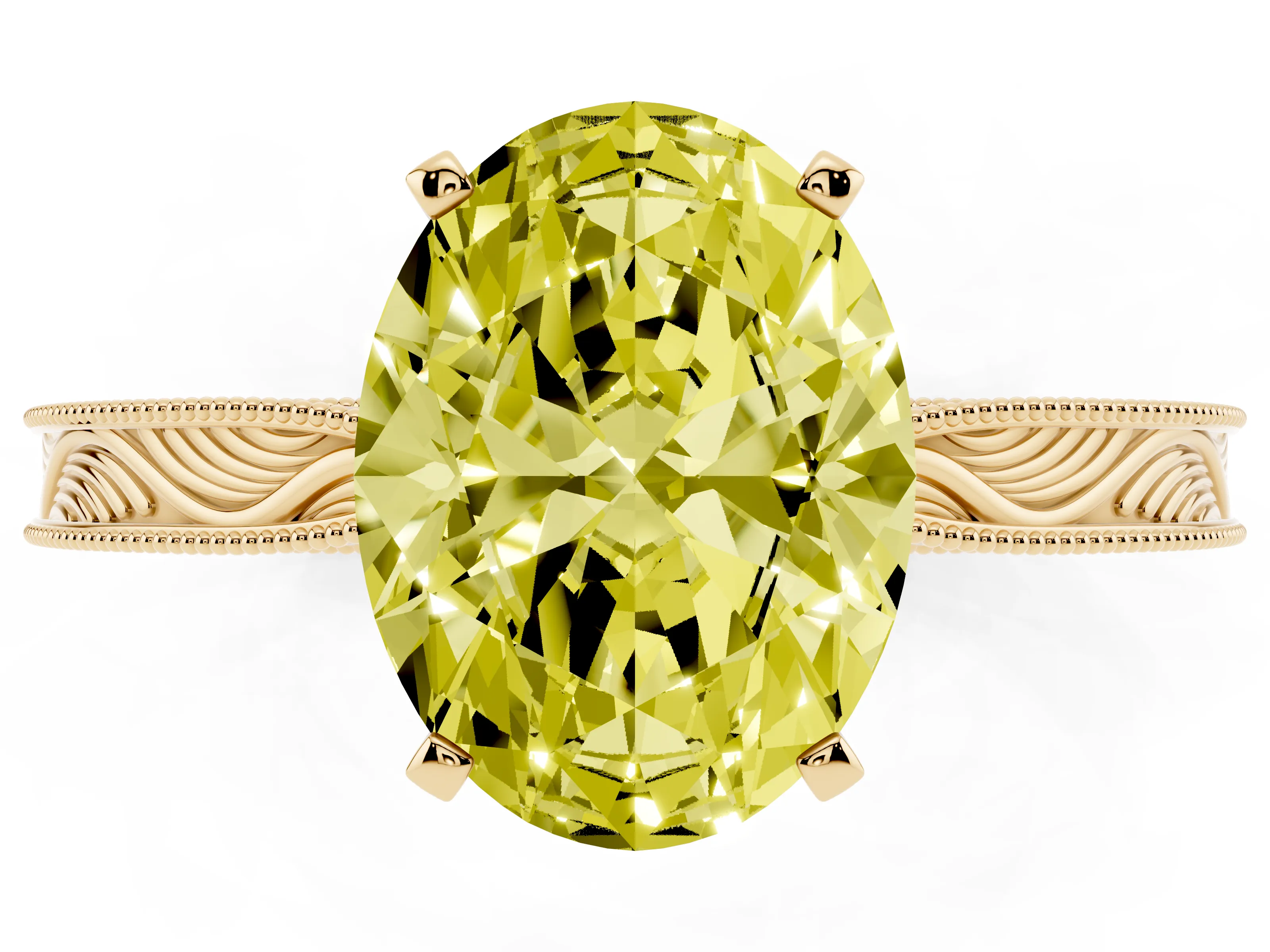 Fancy Yellow Oval Cut Diamond Solitaire Milgrain Engraved Band Set in Yellow gold with Prong Setting