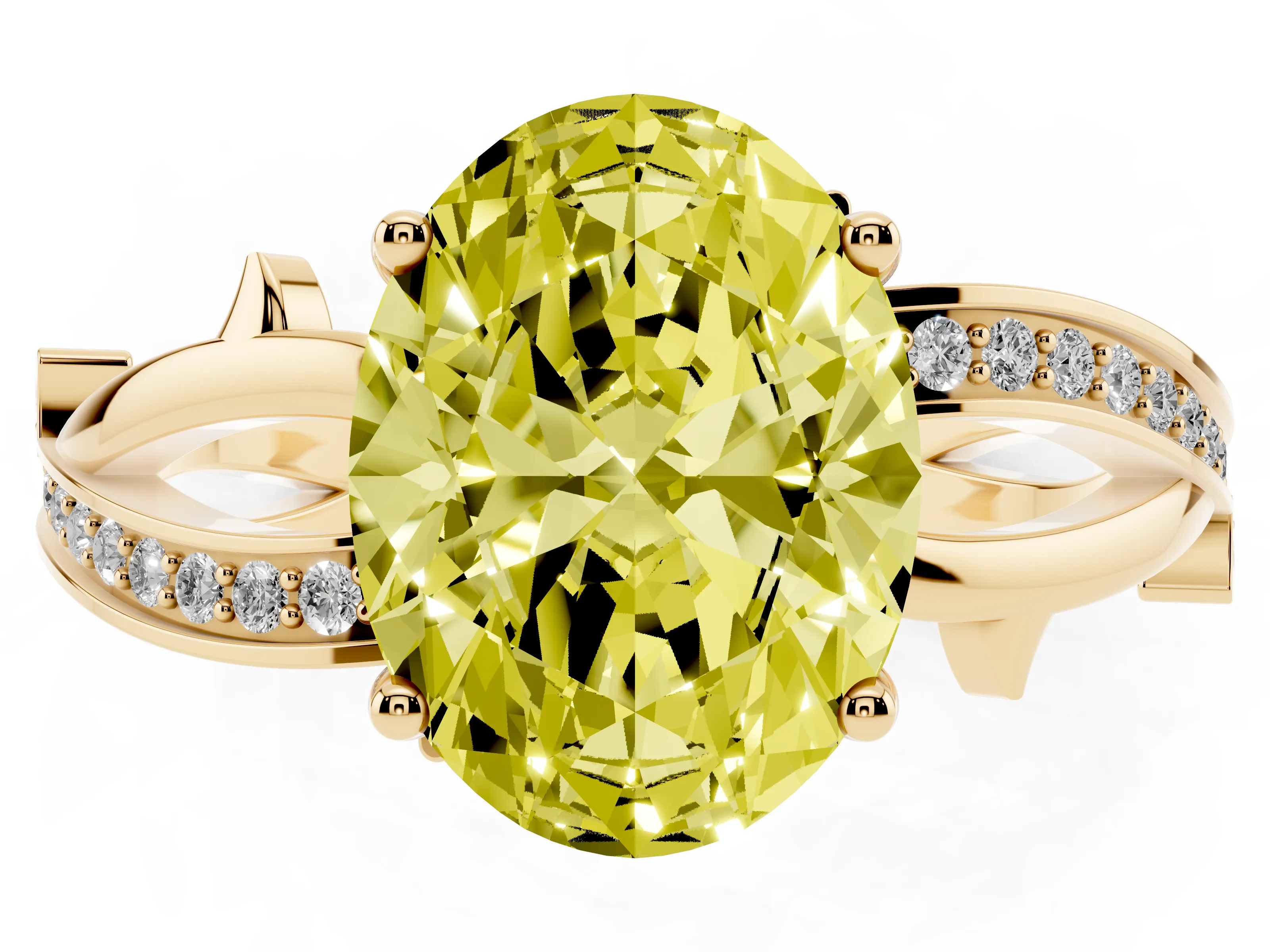 Fancy Yellow Oval Cut Diamond Pavé Twist Band Solitaire Ring Set in Yellow gold with Prong Setting