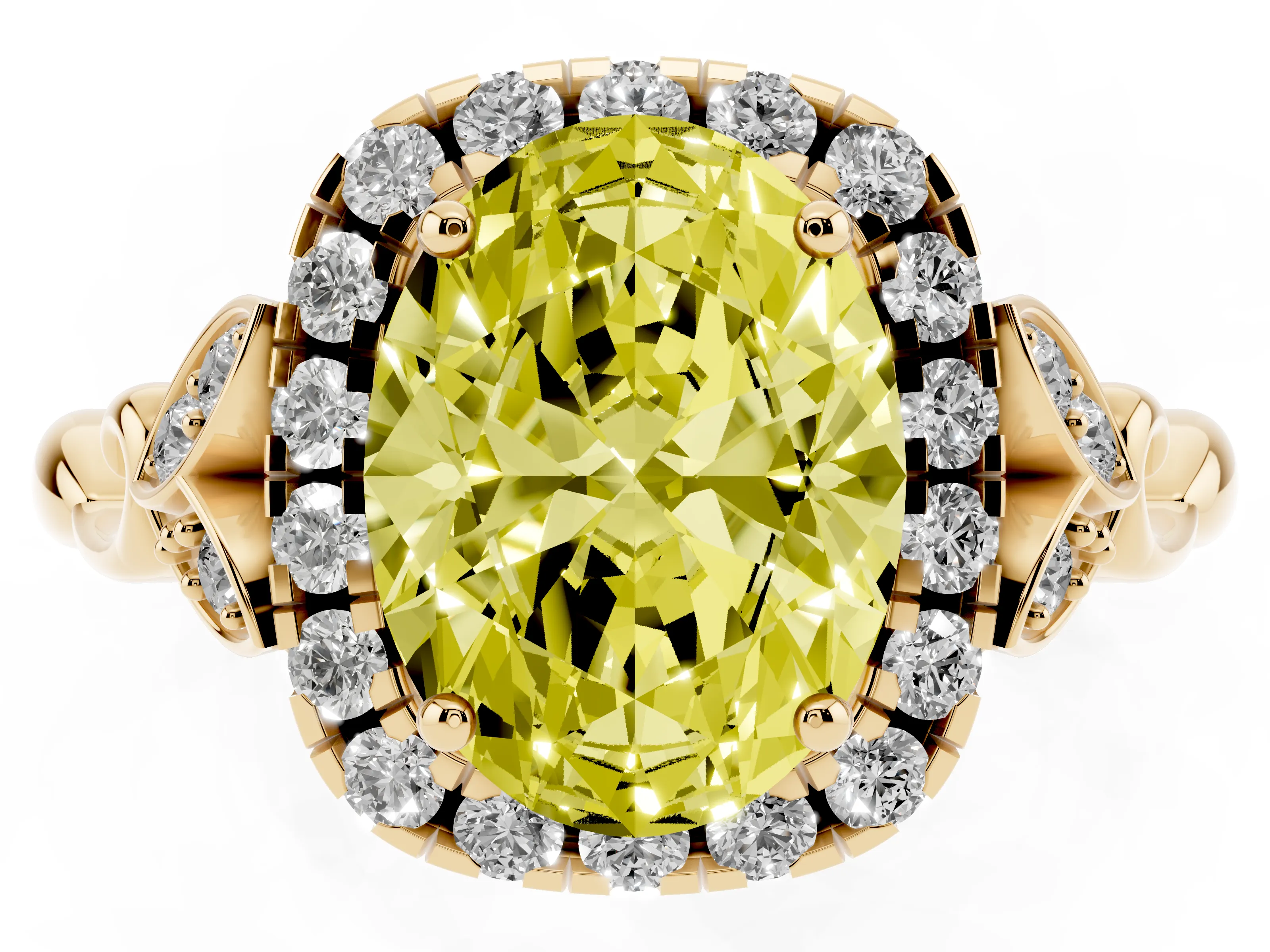 Fancy Yellow Oval Cut Diamond Halo Engagement Ring Set in Yellow gold with Vintage-Inspired Band and Prong Setting