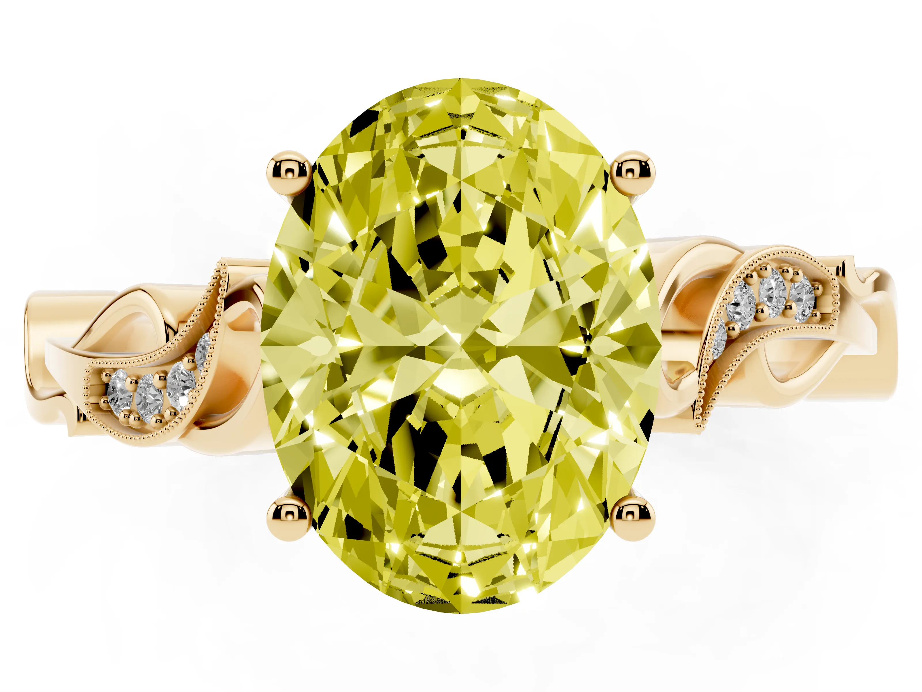 Fancy Yellow Oval Cut Diamond Vine Band Solitaire Ring Set in Yellow gold with Milgrain Prong Setting