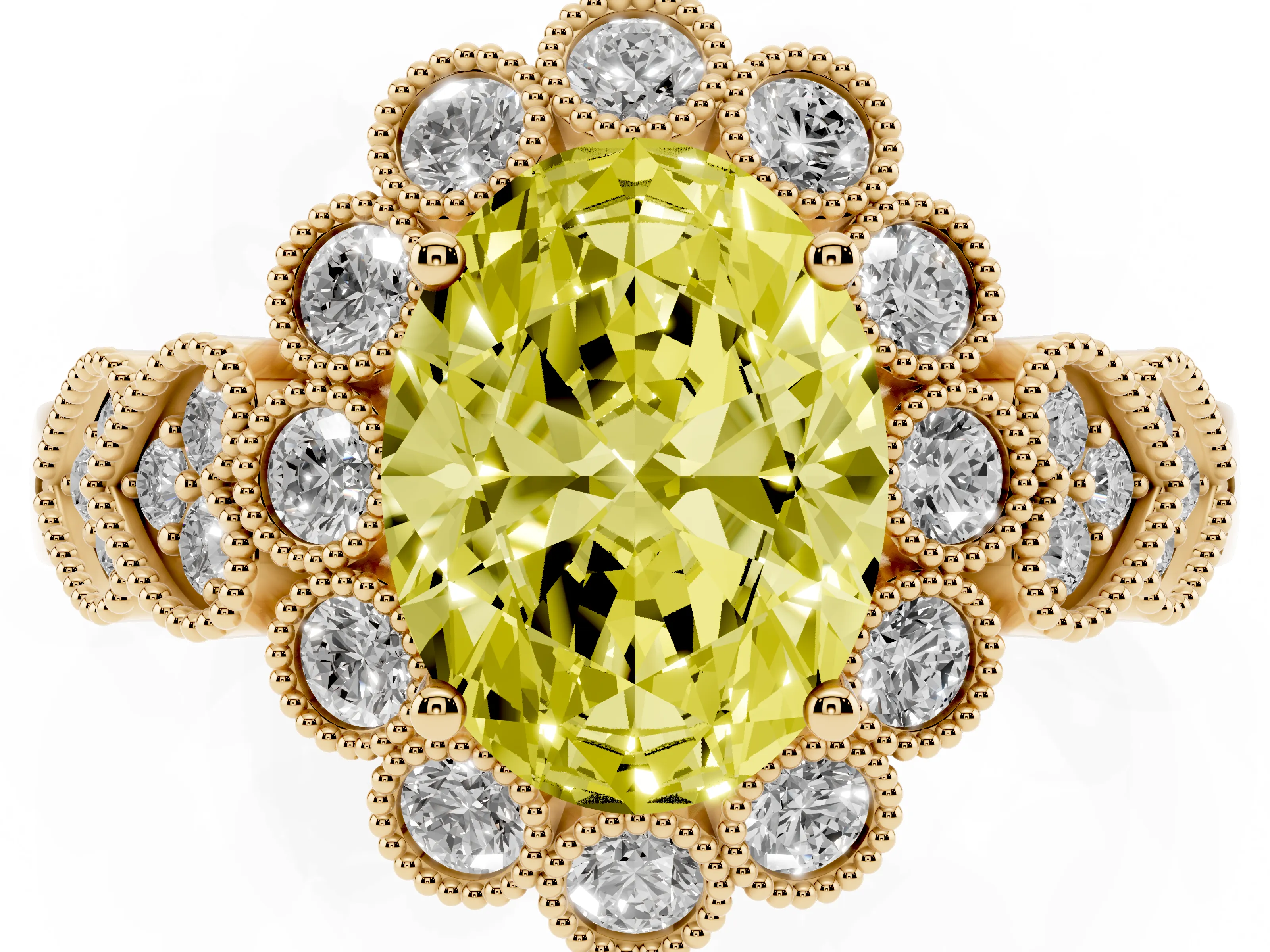 Fancy Yellow Oval Cut Diamond Solitaire Ring Set in Yellow gold with Milgrain Pavé Heart Band