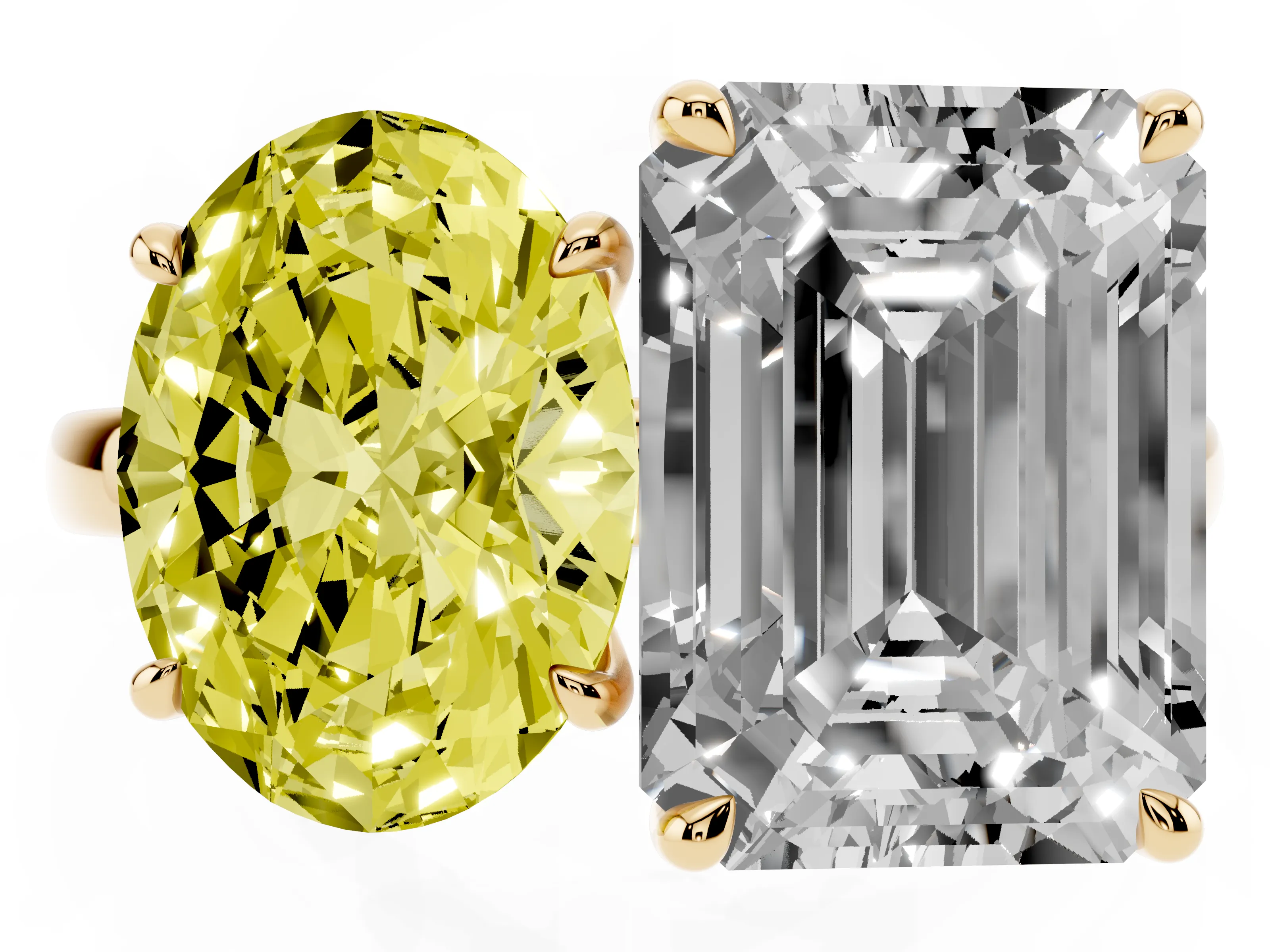 Fancy Yellow Oval Cut and Emerald Cut Toi Moi Ring Set in Yellow gold with Prong Setting