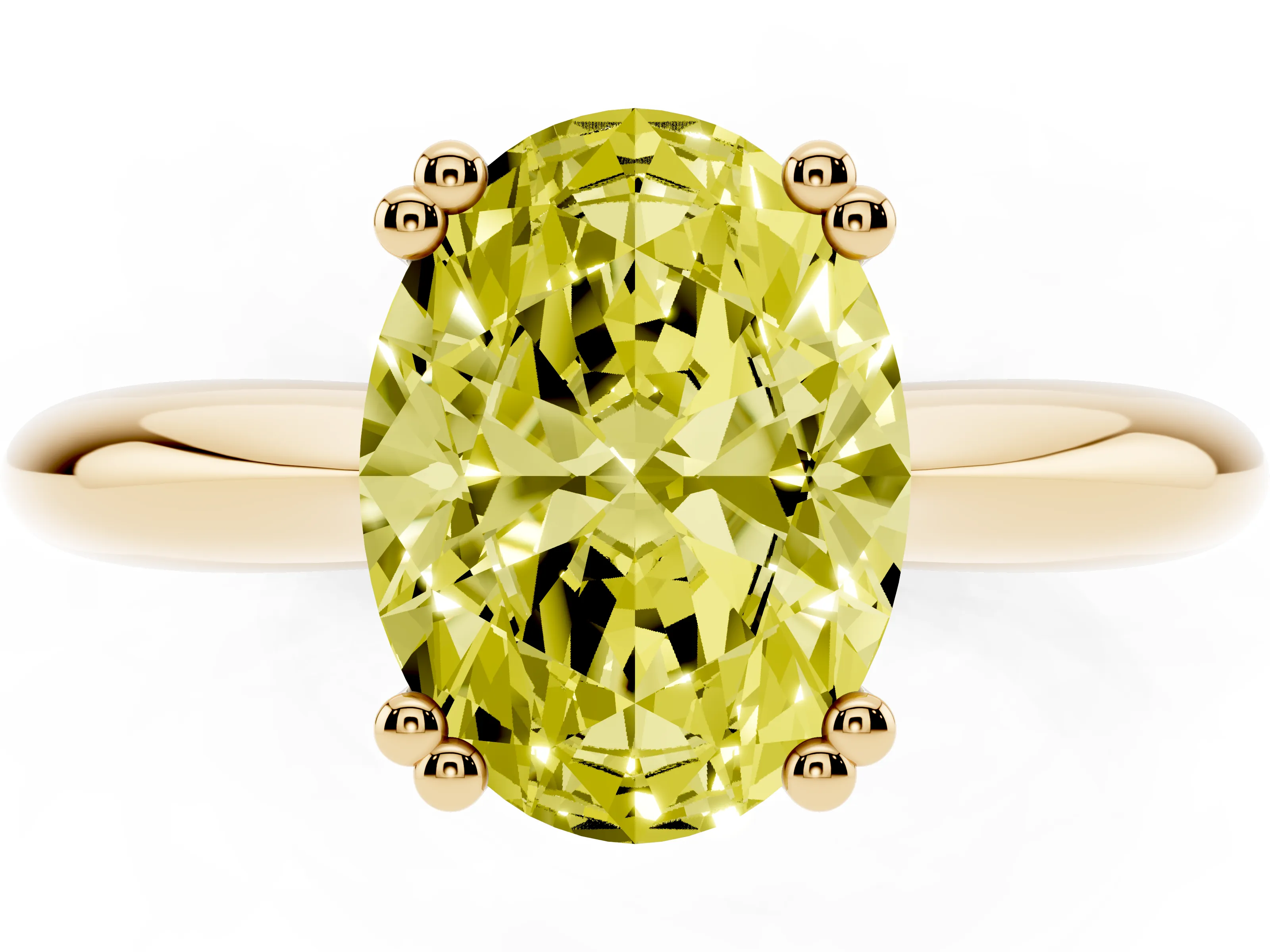 Fancy Yellow Oval Cut Diamond Solitaire Engagement Ring Set in Yellow gold with Tapered Band and Prong Setting