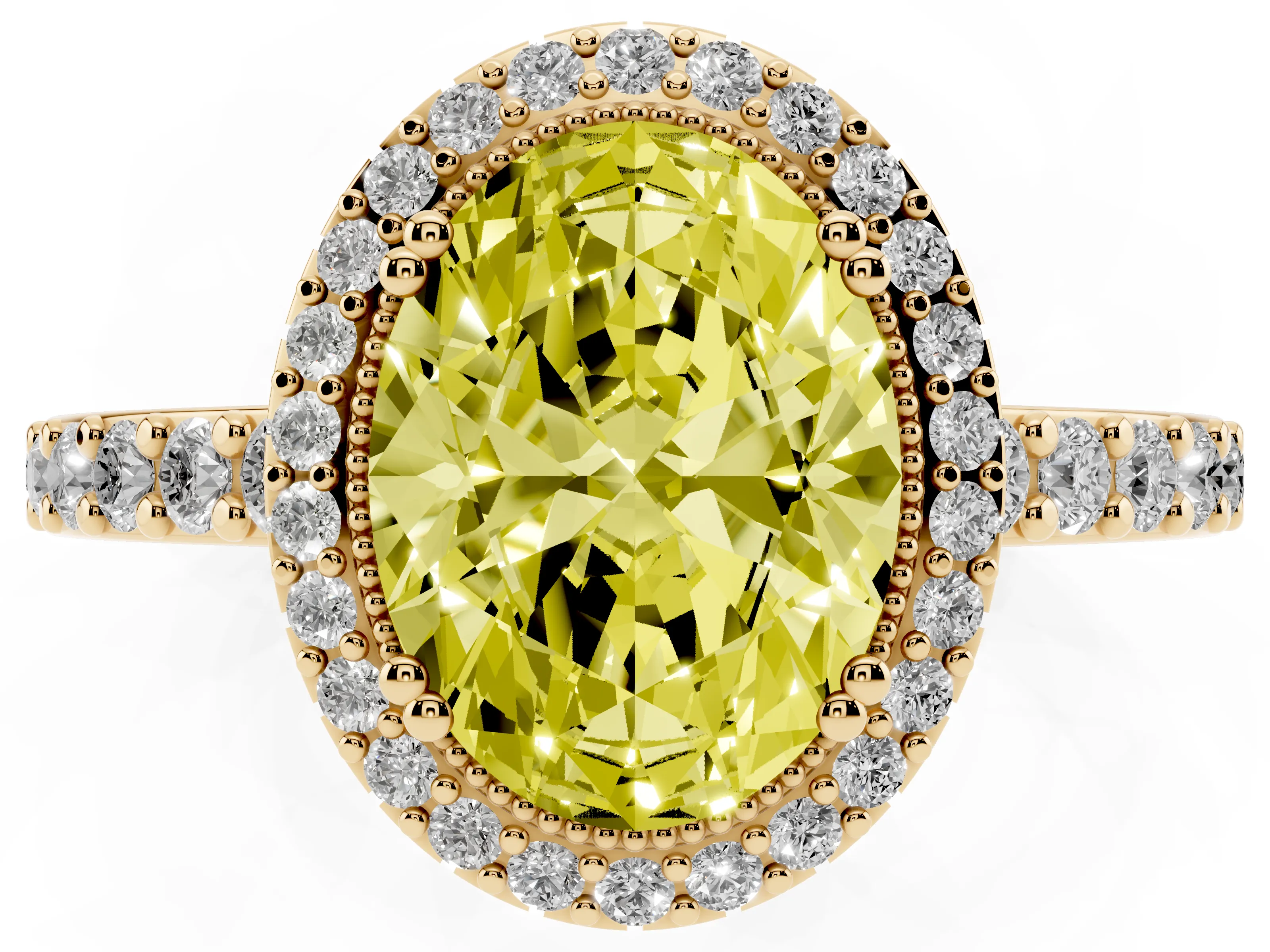 Fancy Yellow Oval Cut Diamond Halo Engagement Ring Set in Yellow gold with Milgrain Detail and Pavé Band