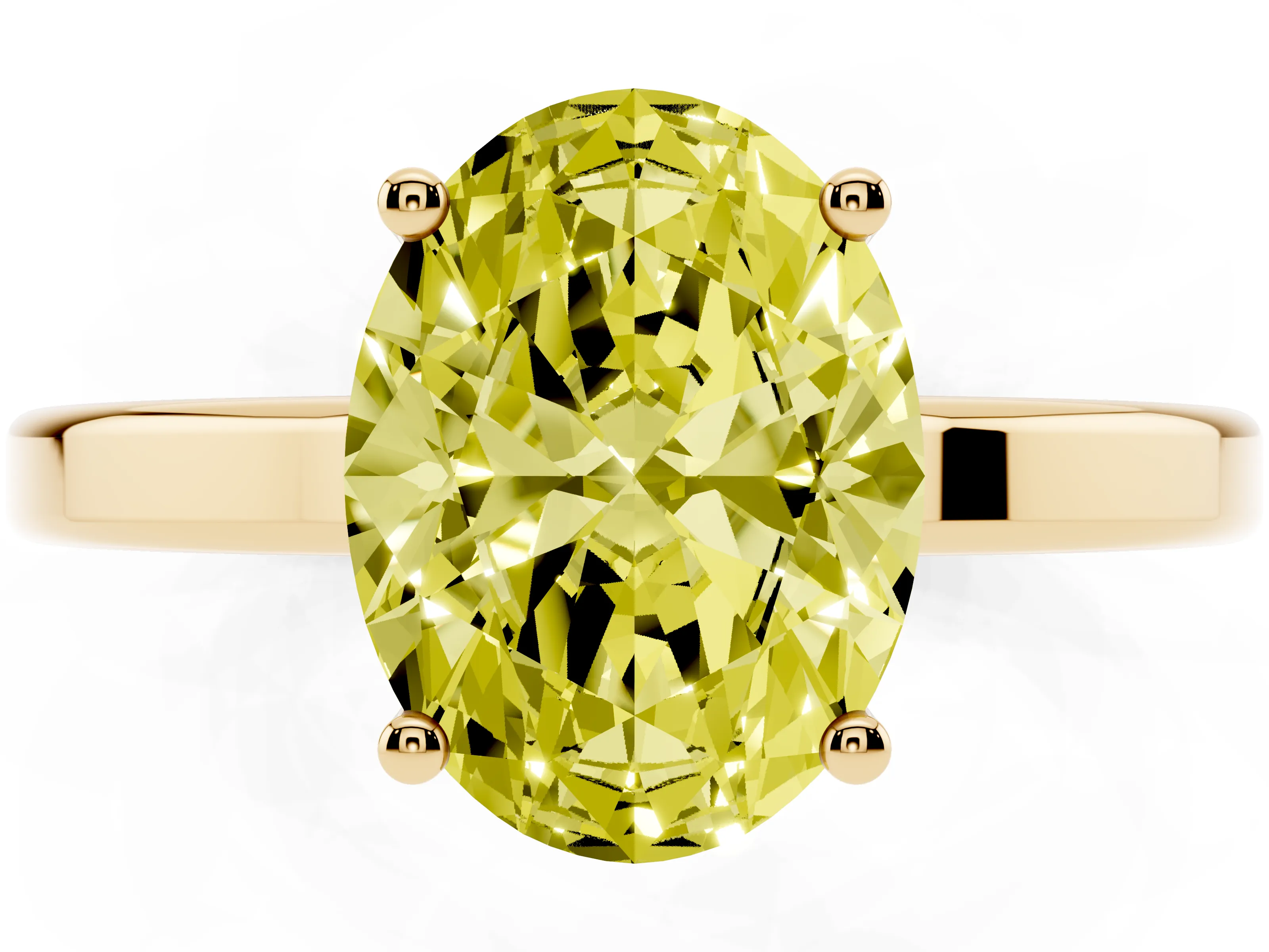 Fancy Yellow Oval Cut Diamond Solitaire Engagement Ring Set in Yellow gold with Prong Setting on a Plain Band