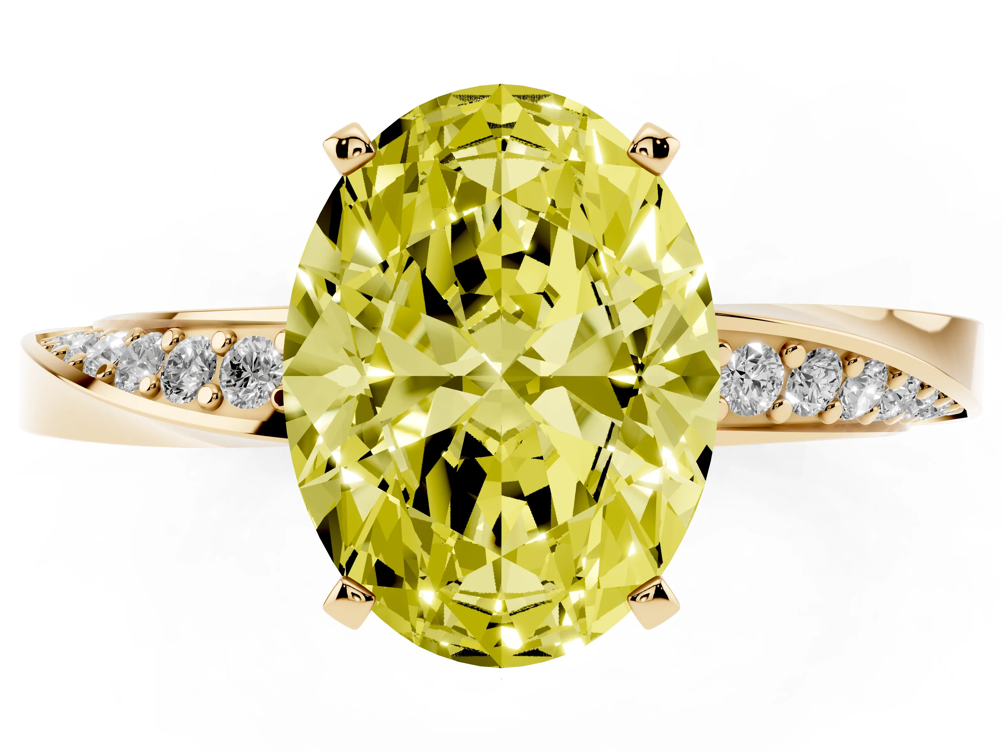 Fancy Yellow Oval Cut Diamond Engagement Ring Set in Yellow gold with Side Stone Accents and Prong Setting