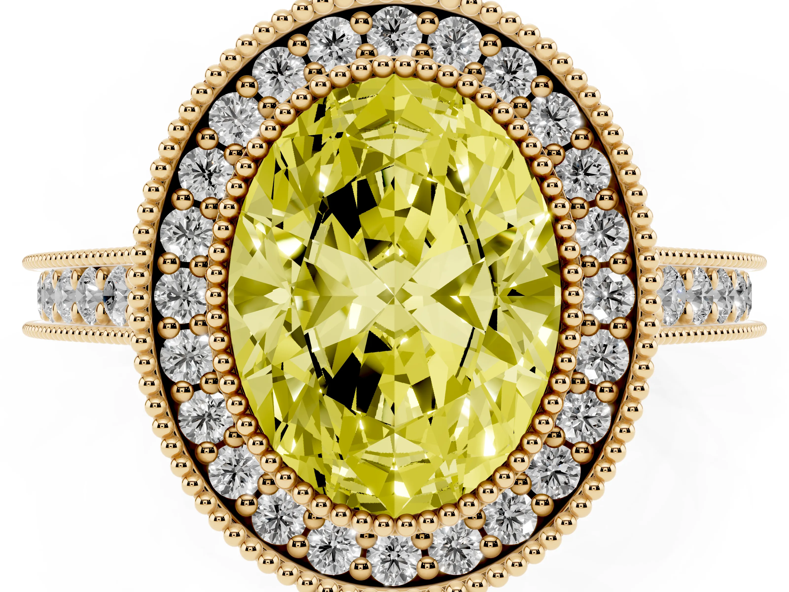 Fancy Yellow Oval Cut Diamond Halo Milgrain Pavé Band Ring Set in Yellow gold with Prong Setting