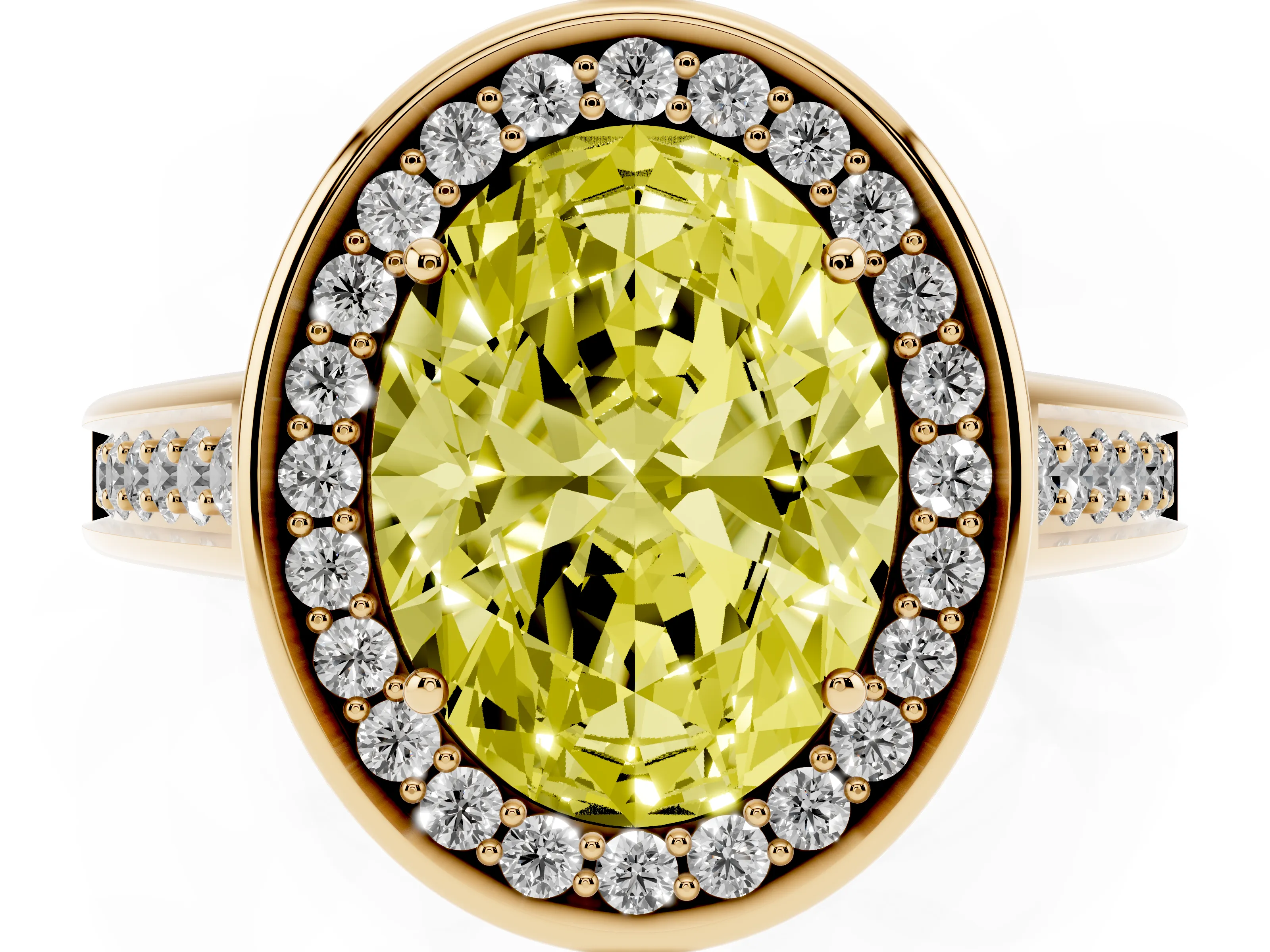 Fancy Yellow Oval Cut Diamond Halo Solitaire Ring Set in Yellow gold with Pavé Band and Bezel Setting