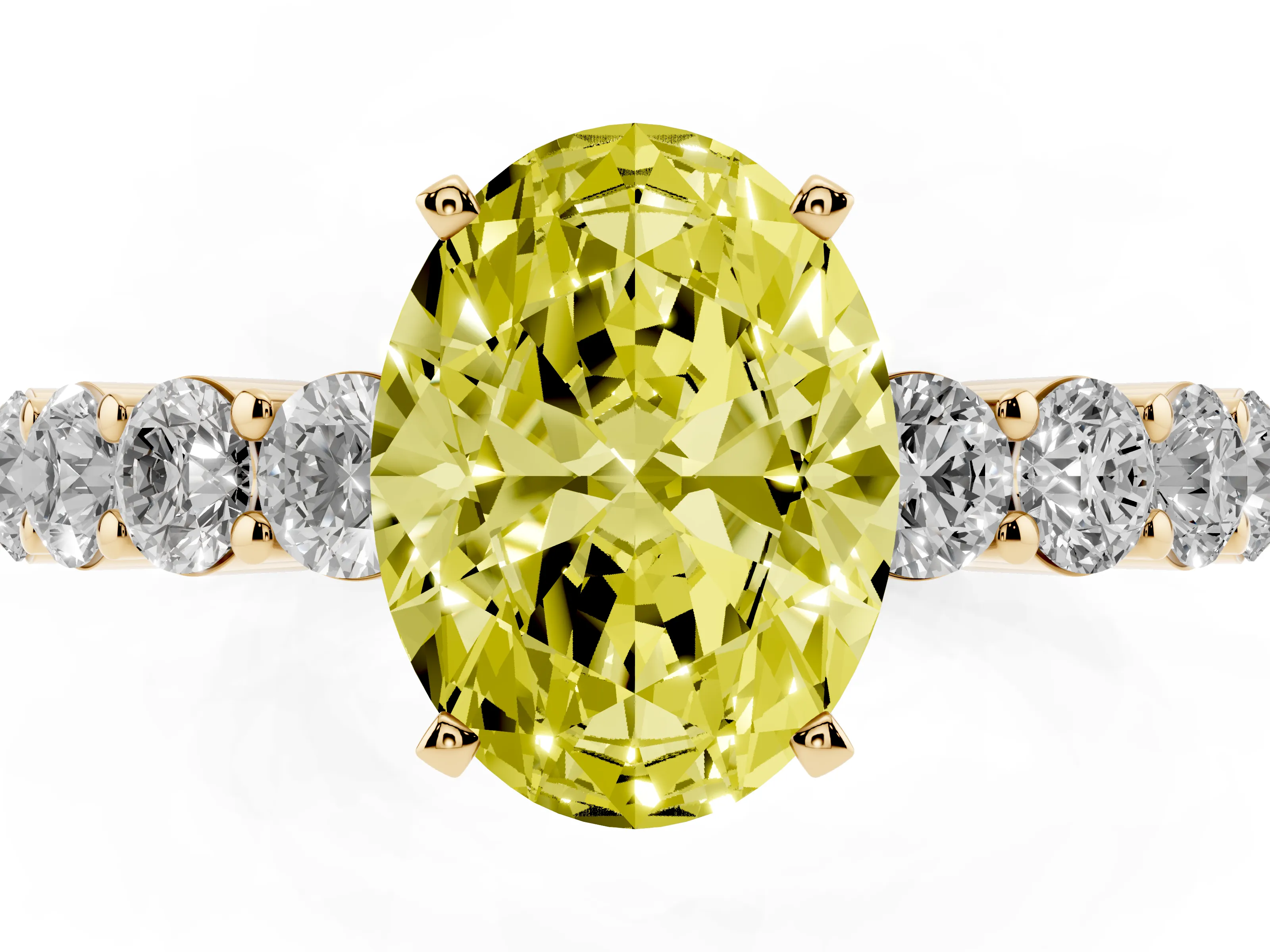 Fancy Yellow Oval Cut Diamond Solitaire Ring Set in Yellow gold with Shared Prong Round Side Stones