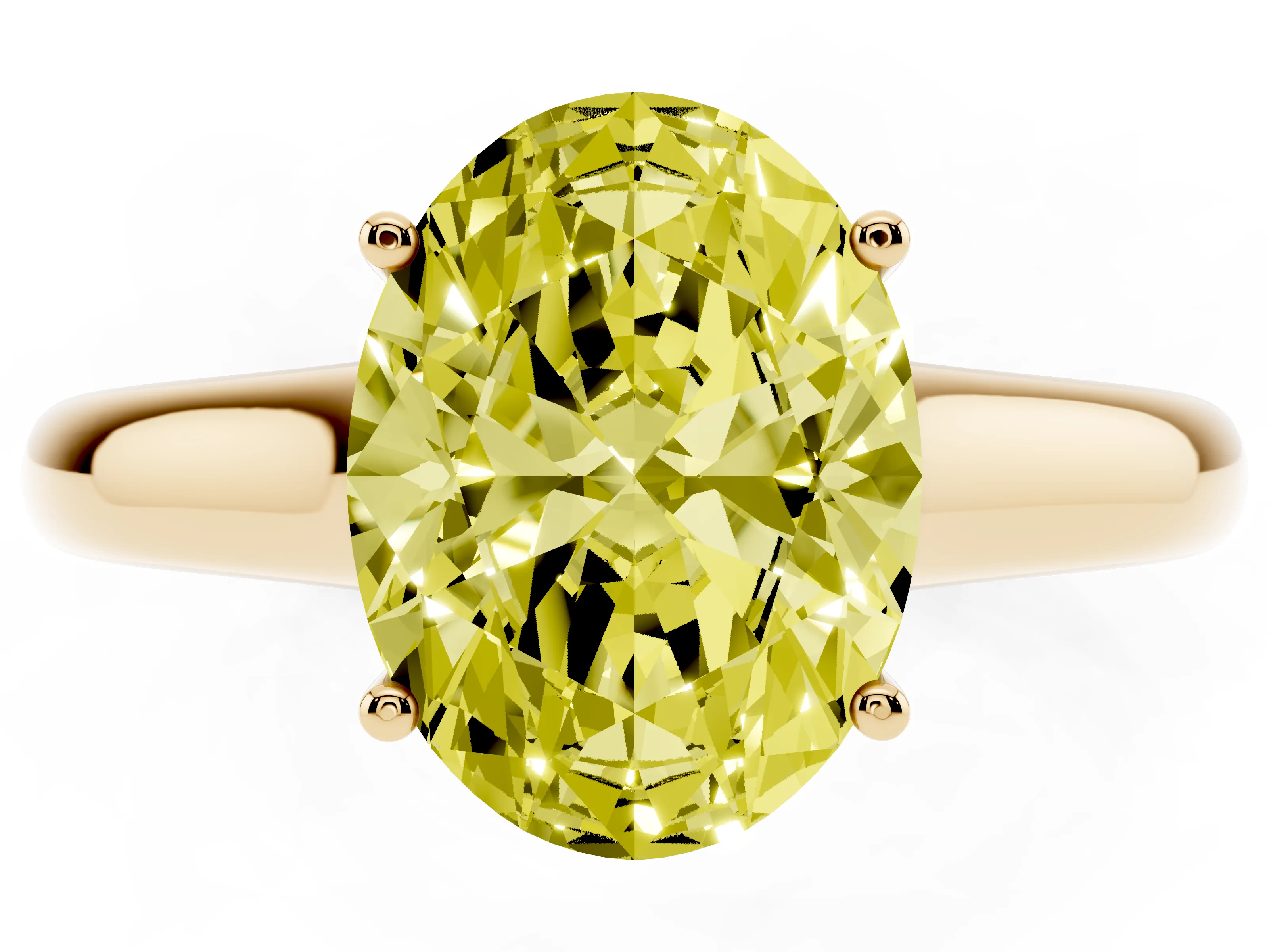 Fancy Yellow Oval Cut Diamond Solitaire Engagement Ring Set in Yellow gold with Subtly Tapered Band and Prong Setting