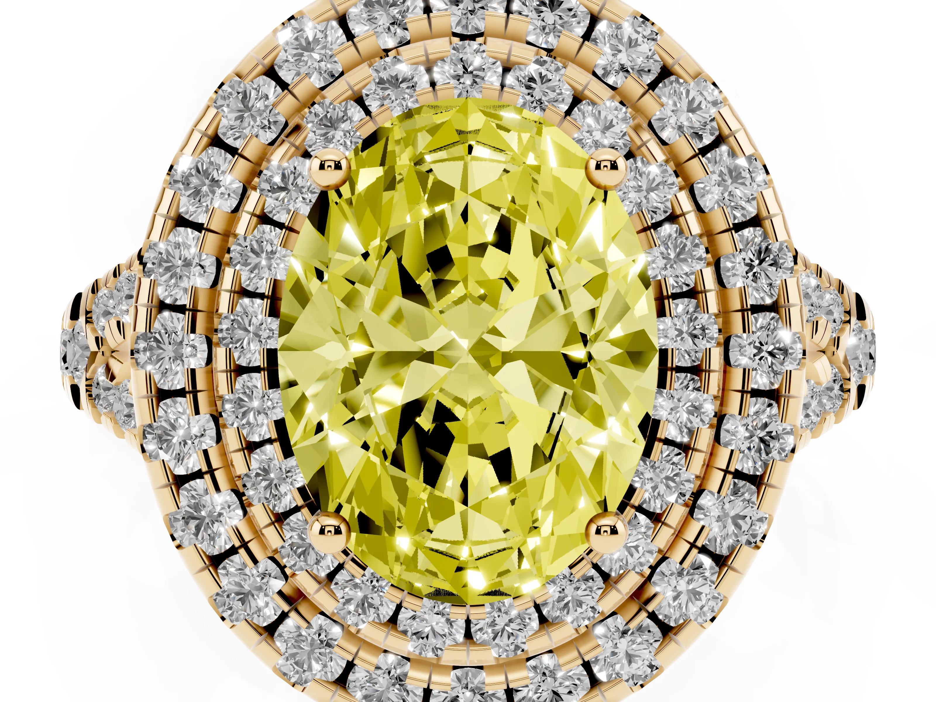 Fancy Yellow Oval Cut Diamond Double Halo Ring Set in Yellow gold with Pavé Split Shank and Prong Setting