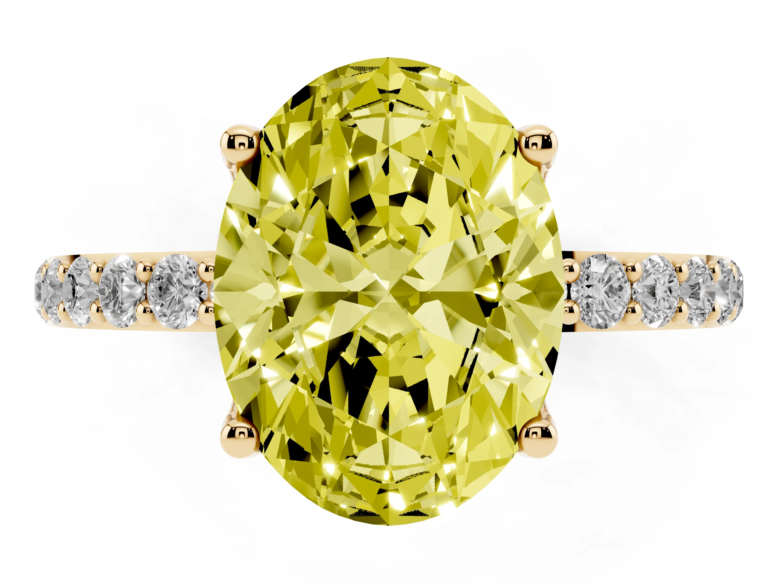 Fancy Yellow Oval Cut Diamond Solitaire Engagement Ring Set in Yellow gold with Round Pavé Band and Prong Setting