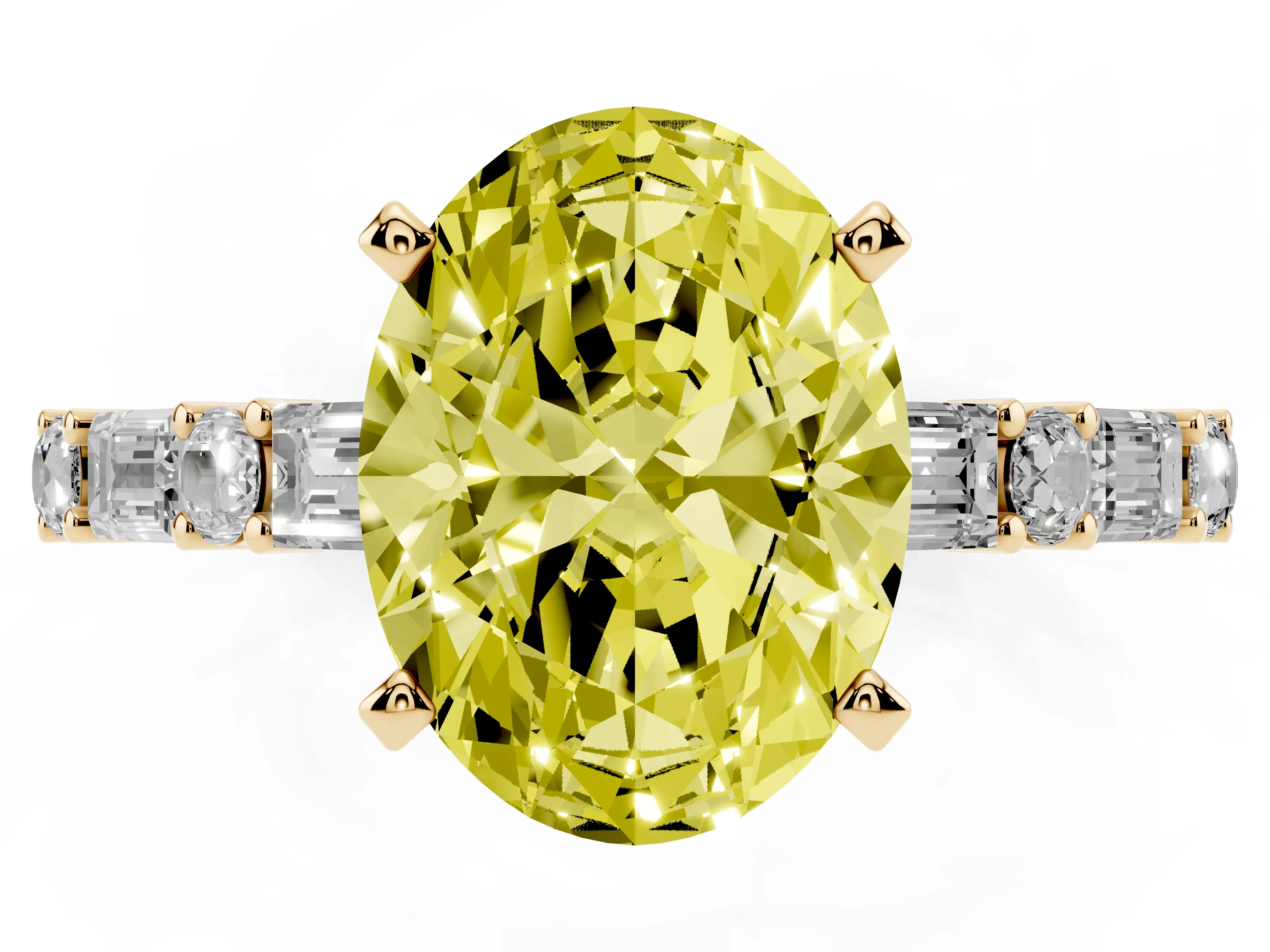 Fancy Yellow Oval Cut Diamond Solitaire Set in Yellow gold with Side Baguettes and Channel Set Band