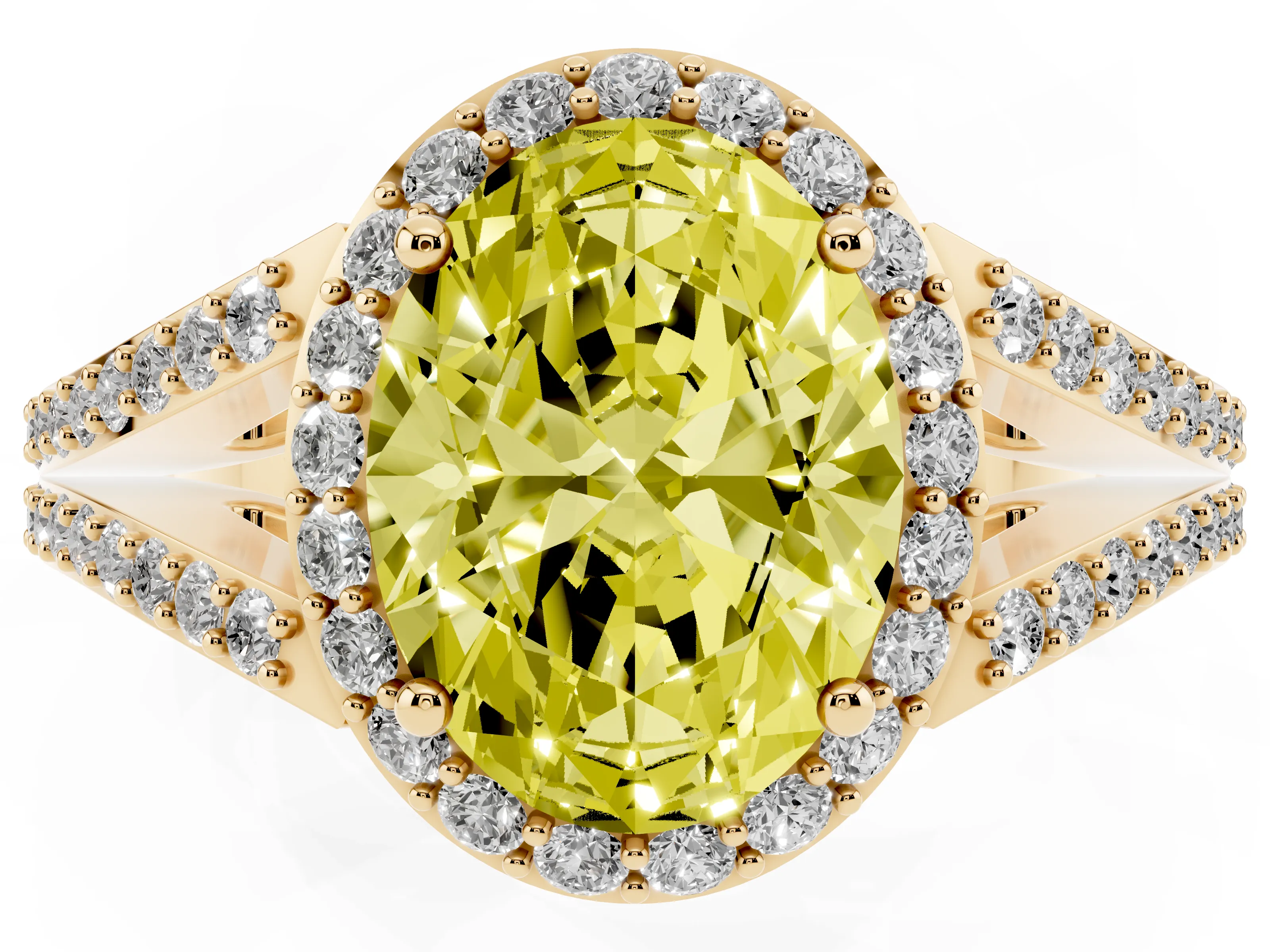 Fancy Yellow Oval Cut Diamond Halo Split Shank Ring Set in Yellow gold with Accent Stones and Prong Setting