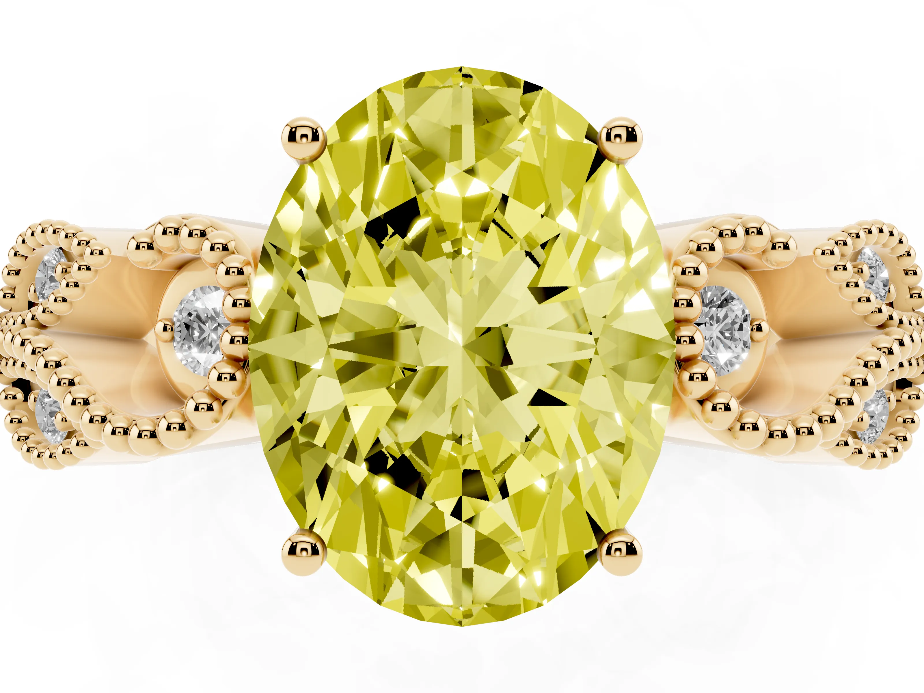 Fancy Yellow Oval Cut Diamond Milgrain Leaf Band Solitaire Ring Set in Yellow gold with Accent Stones and Prong Setting