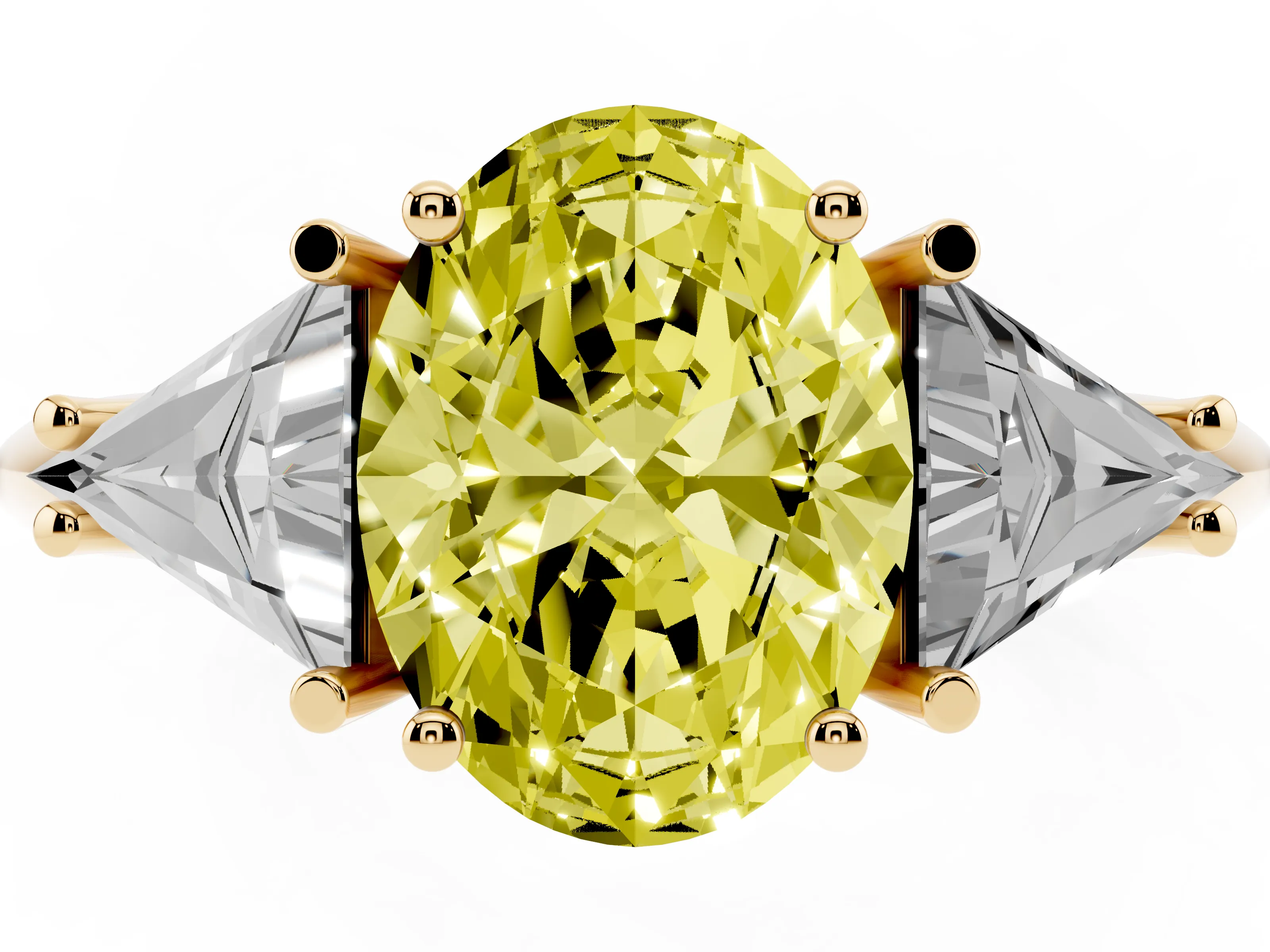 Fancy Yellow Oval Cut Diamond Three-Stone Engagement Ring Set in Yellow gold with Trillion Side Stones