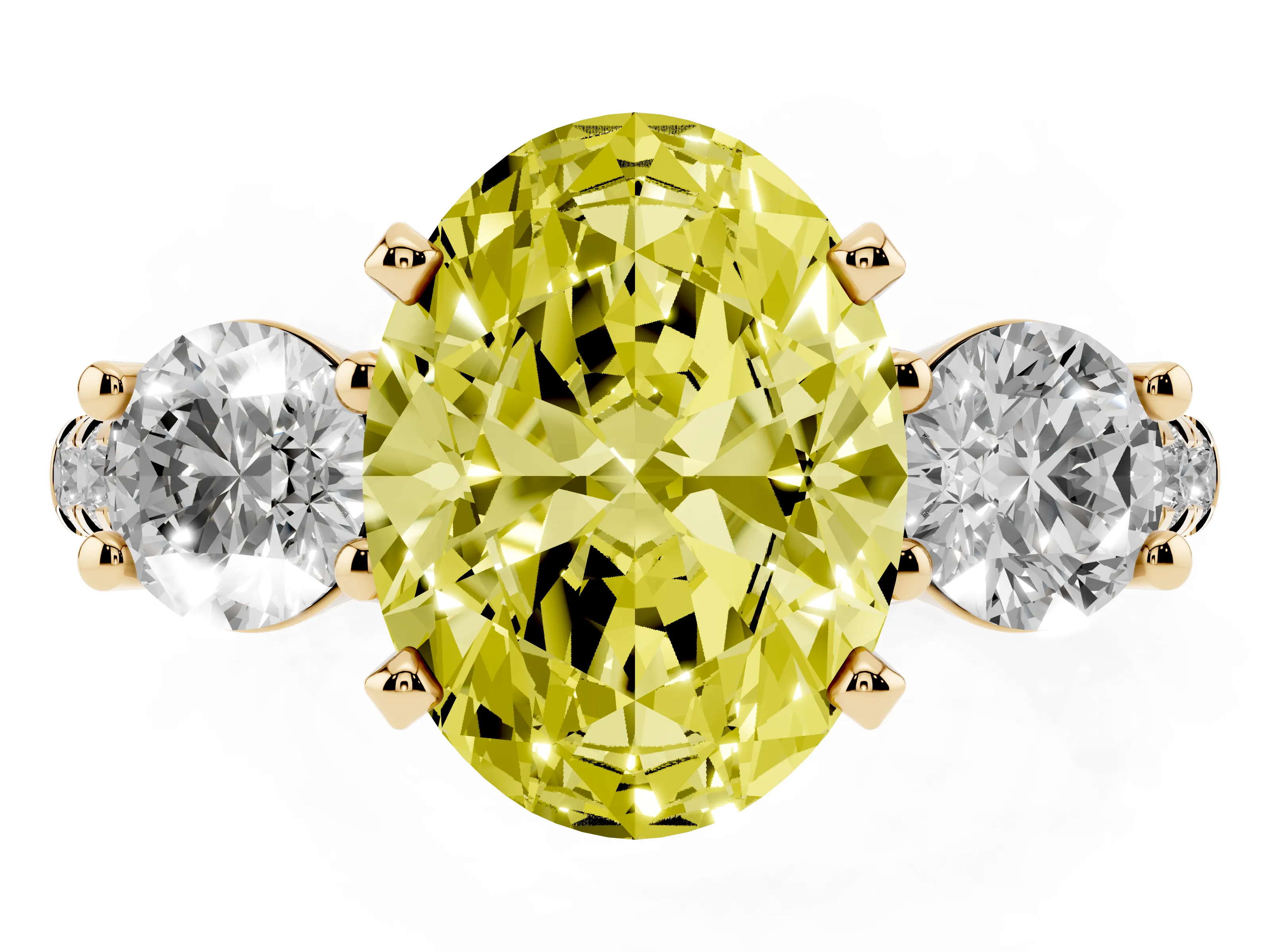 Fancy Yellow Three-Stone Oval Cut Diamond Pavé Band Ring Set in Yellow gold with Prong-Set Trio