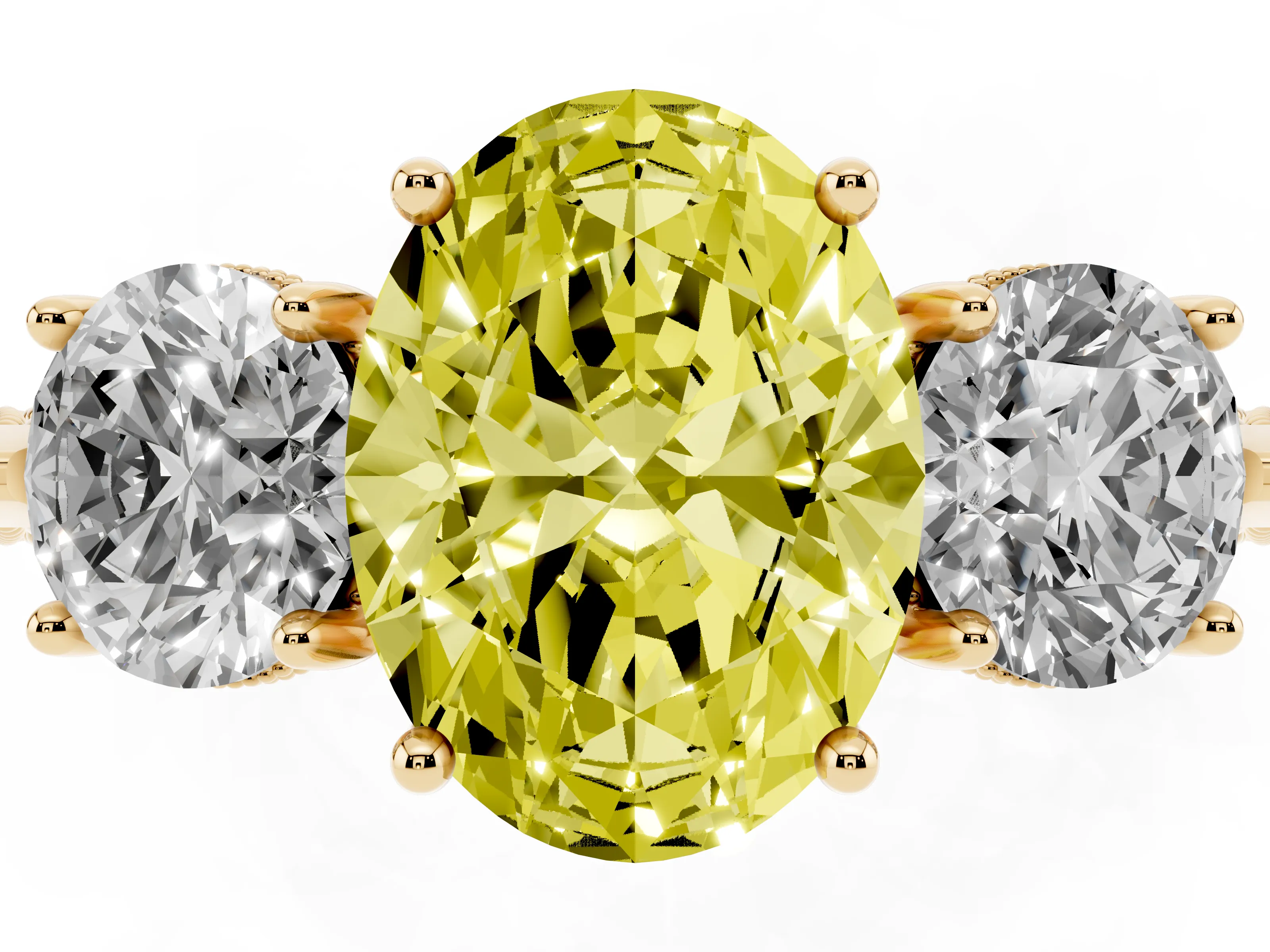 Fancy Yellow Oval Cut Diamond Three-Stone Ring Set in Yellow gold with Milgrain Band