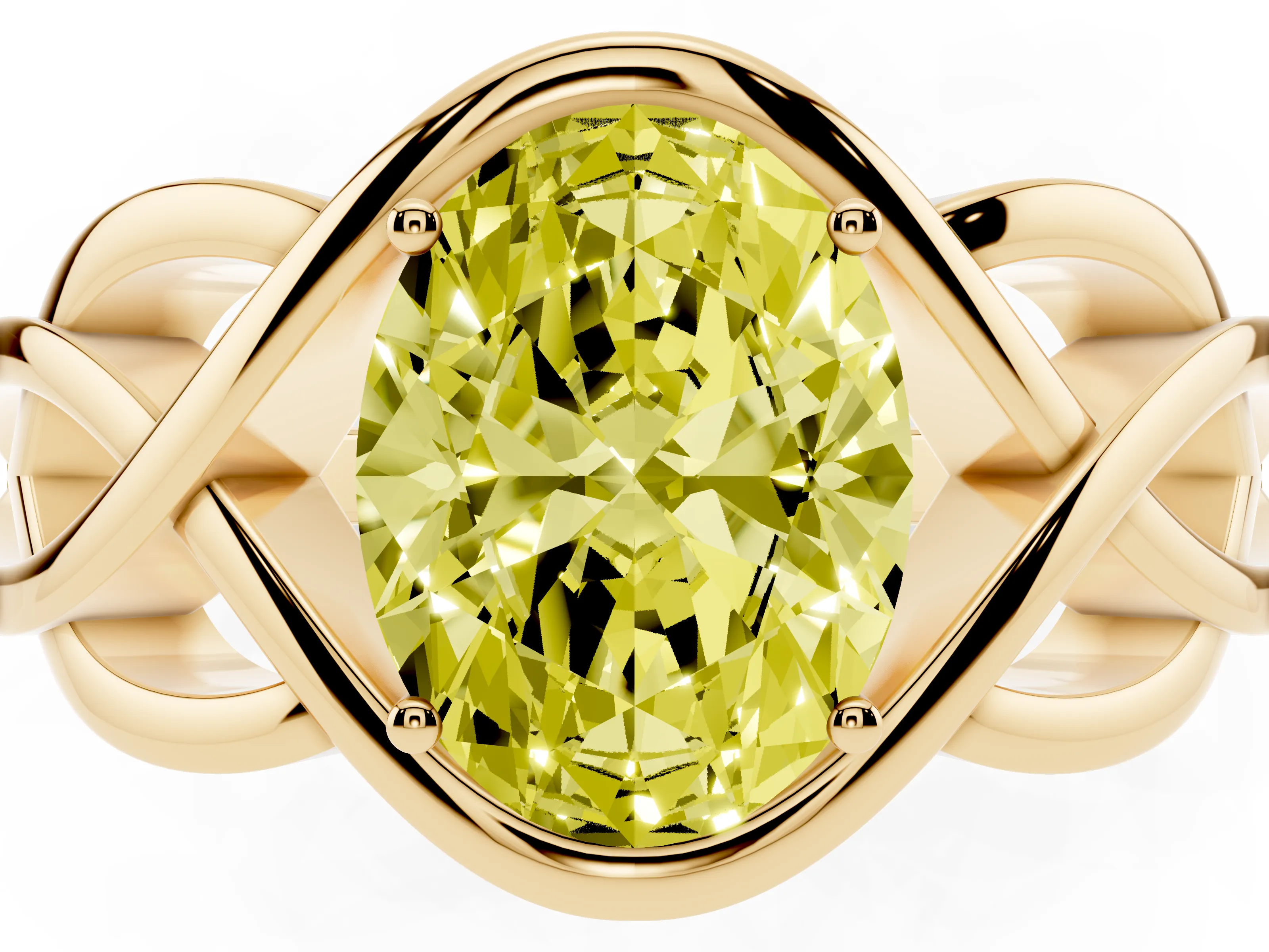 Fancy Yellow Oval Cut Diamond Solitaire Ring Set in Yellow gold with Intertwined Band
