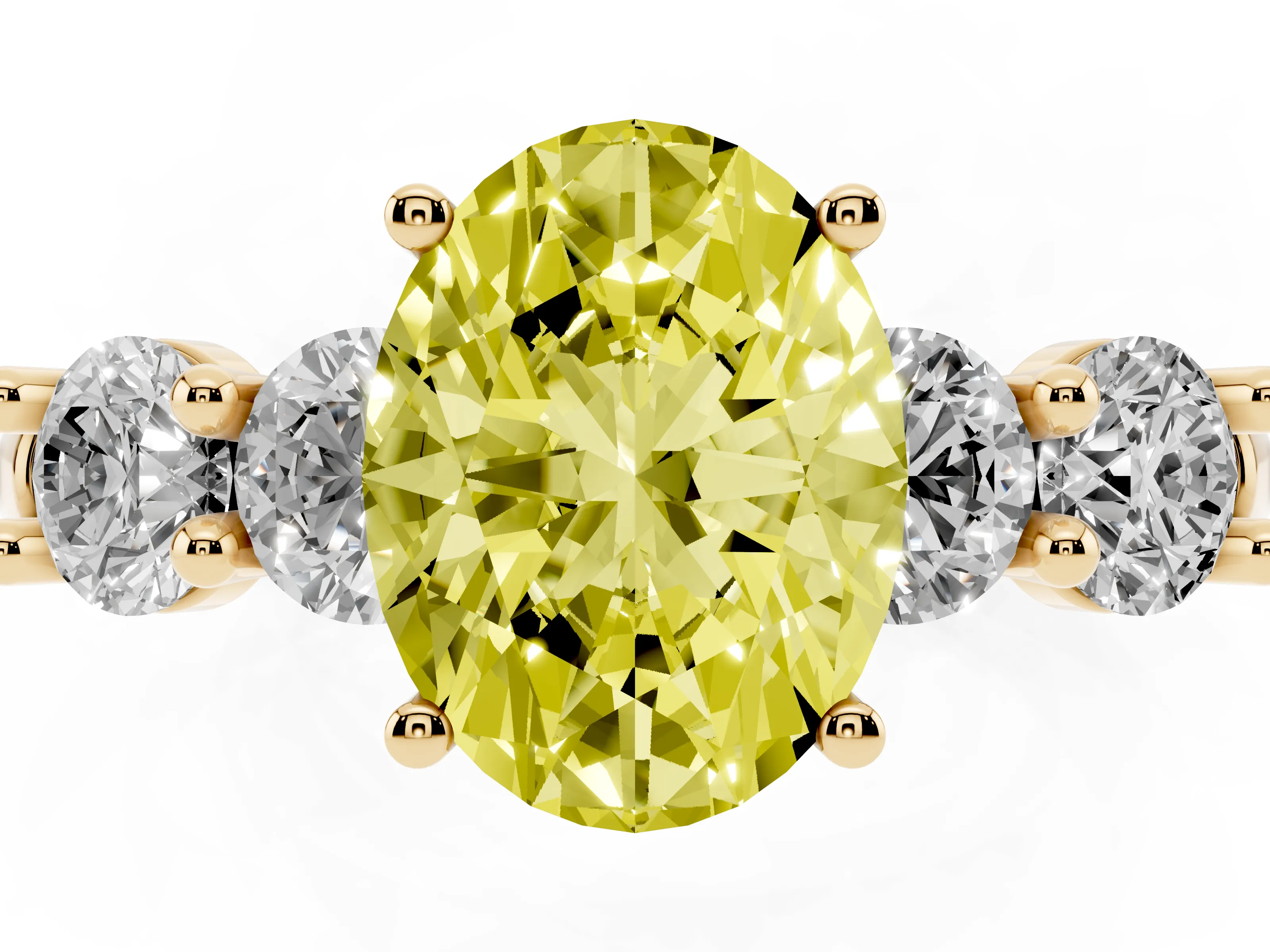Fancy Yellow Oval Cut Diamond Five-Stone Prong Set Ring Set in Yellow gold with Classic Band