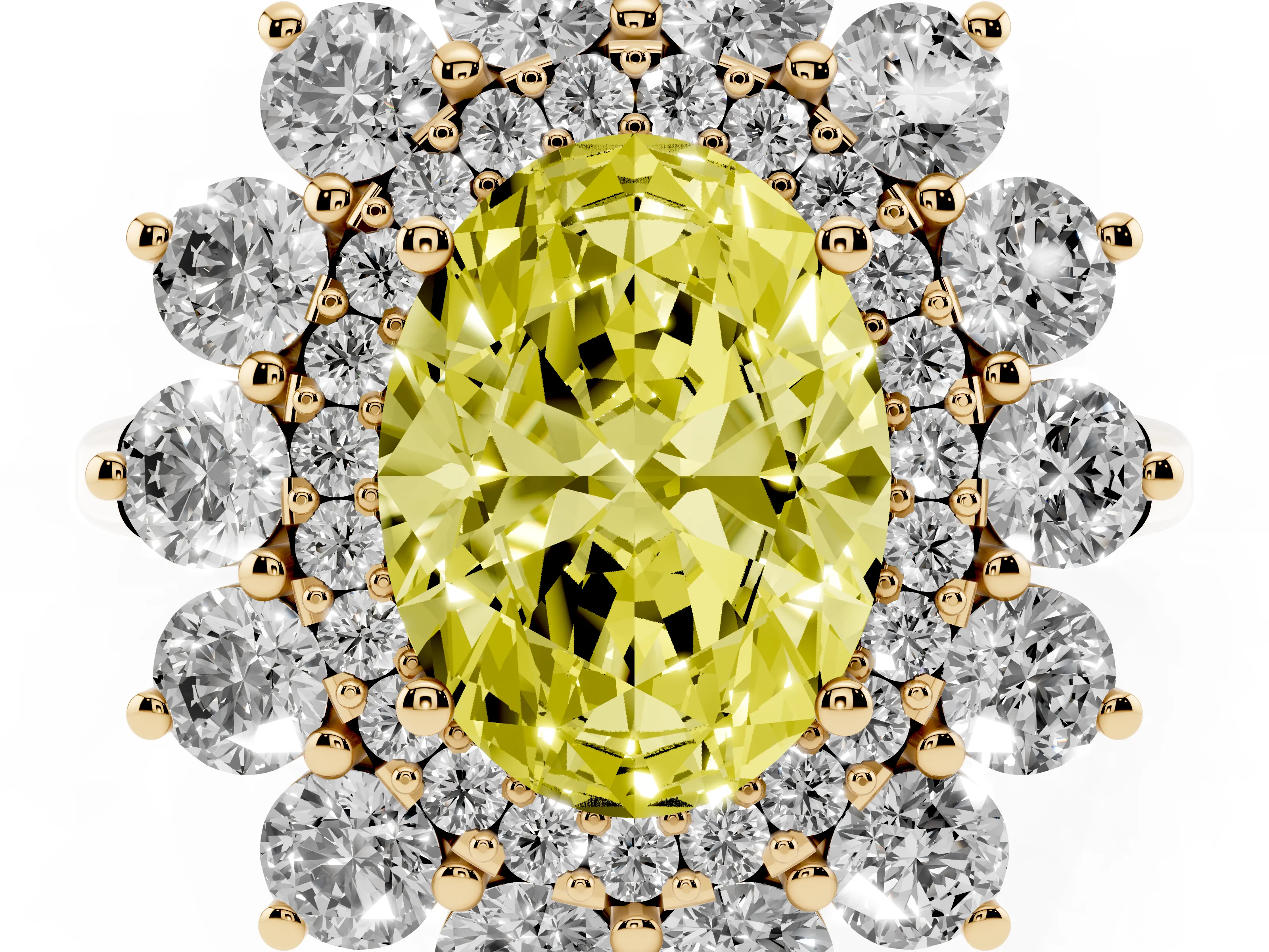 Fancy Yellow Oval Cut Diamond Floral Double Halo Ring Set in Yellow gold with Round Petals