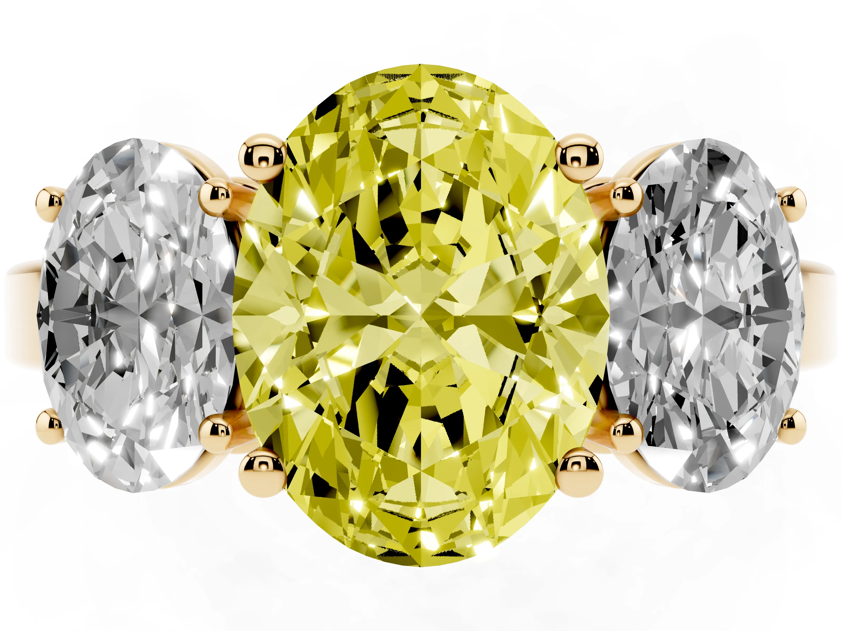 Fancy Yellow Oval Cut Diamond Three-Stone Engagement Ring Set in Yellow gold with Flat Band