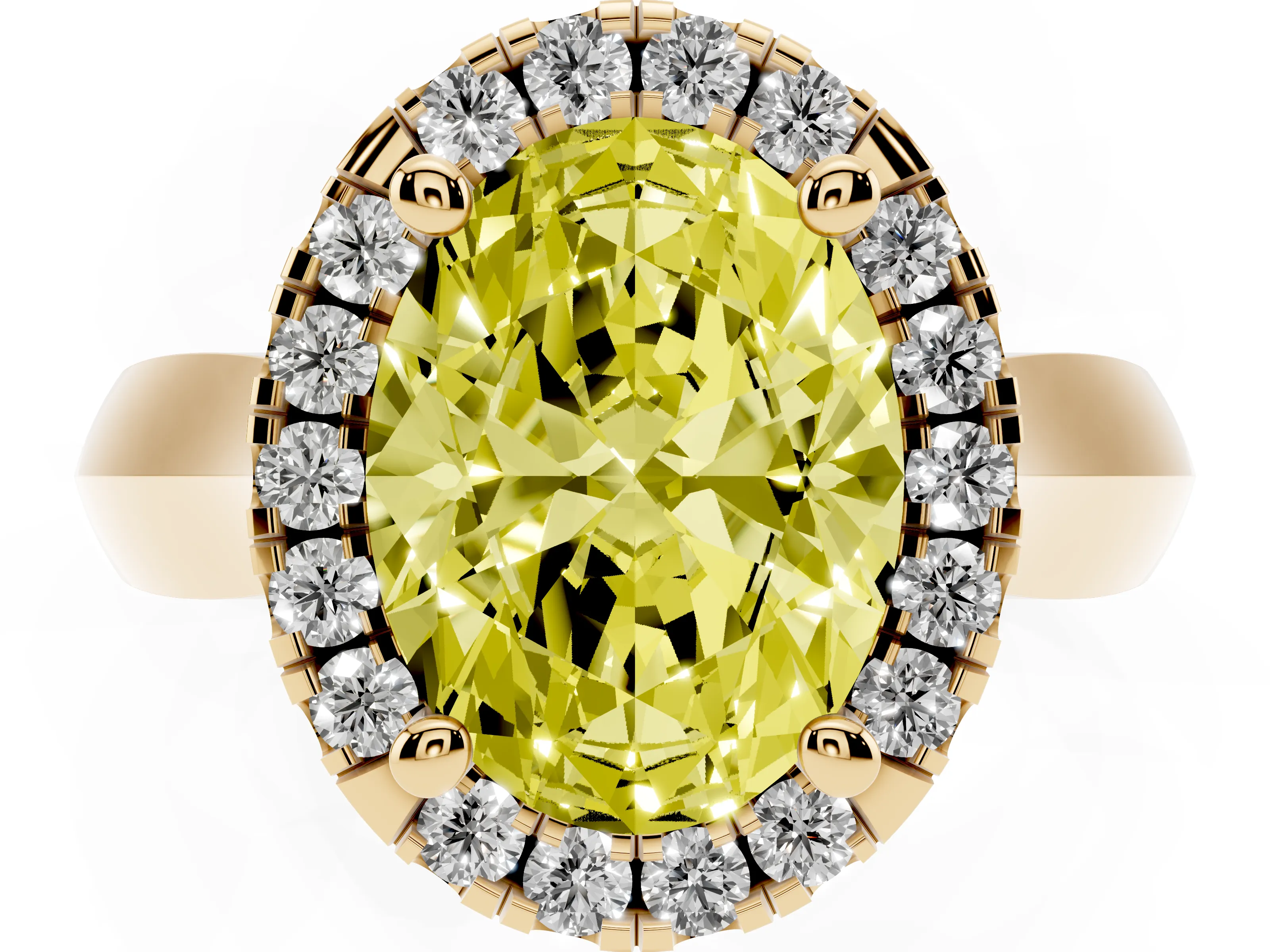 Fancy Yellow Oval Cut Diamond Halo Solitaire Engagement Ring Set in Yellow gold with Square Band and Prong Setting