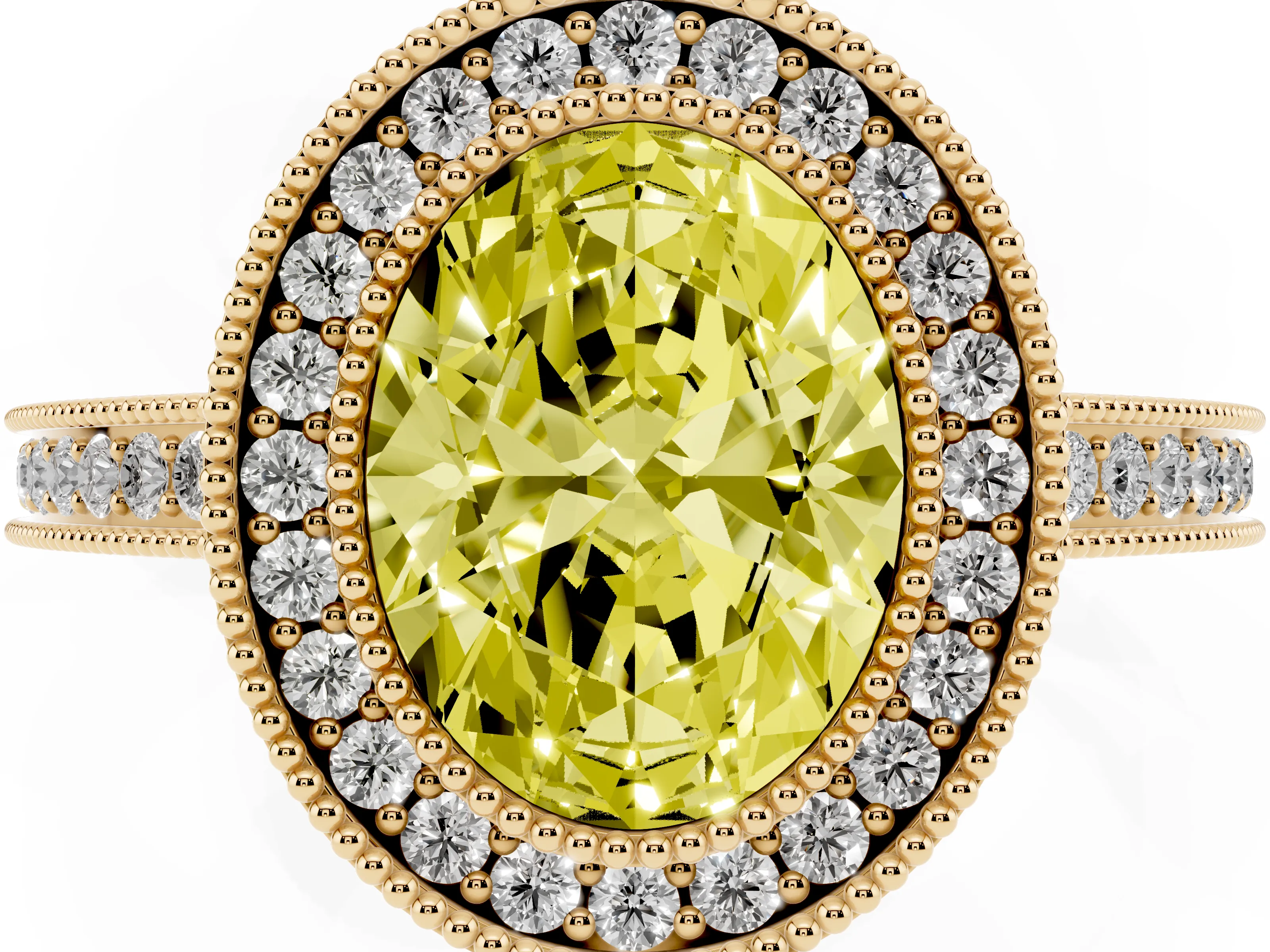 Fancy Yellow Oval Cut Diamond Halo Ring Set in Yellow gold with Pavé Band and Milgrain-Edged Prongs