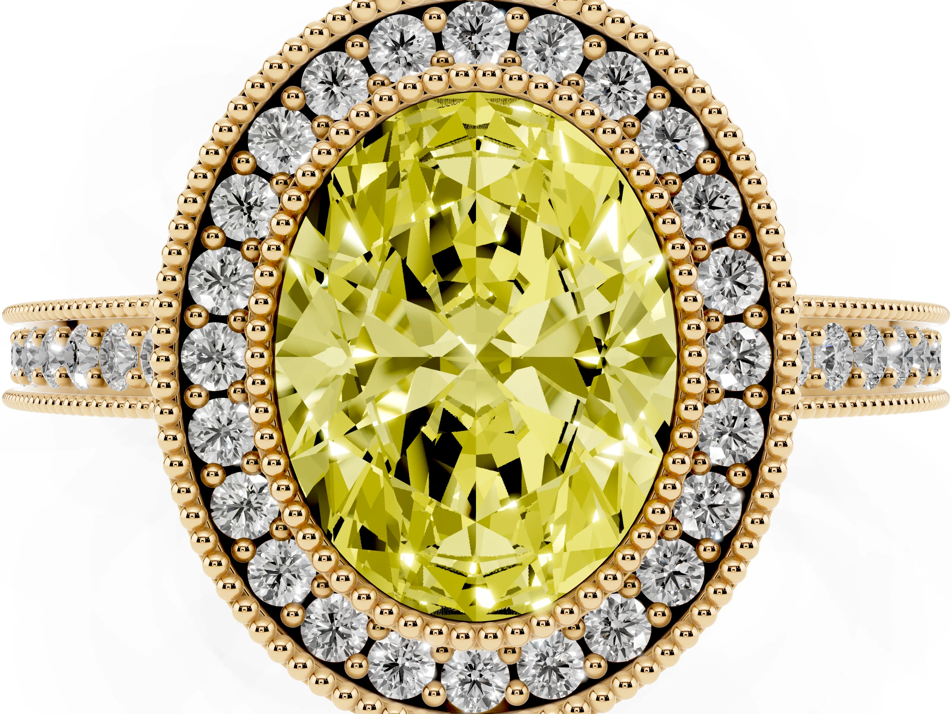Fancy Yellow Oval Cut Diamond Round Halo Ring Set in Yellow gold with Pavé Band