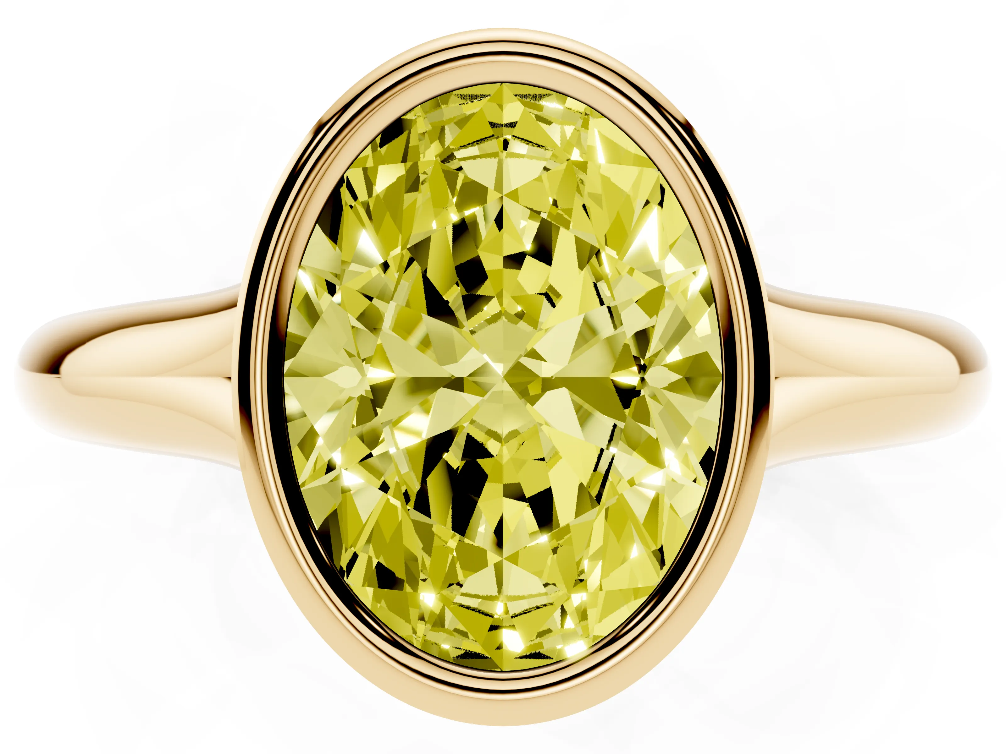 Fancy Yellow Bezel Set Oval Cut Diamond Solitaire Ring Set in Yellow gold with Smooth Band