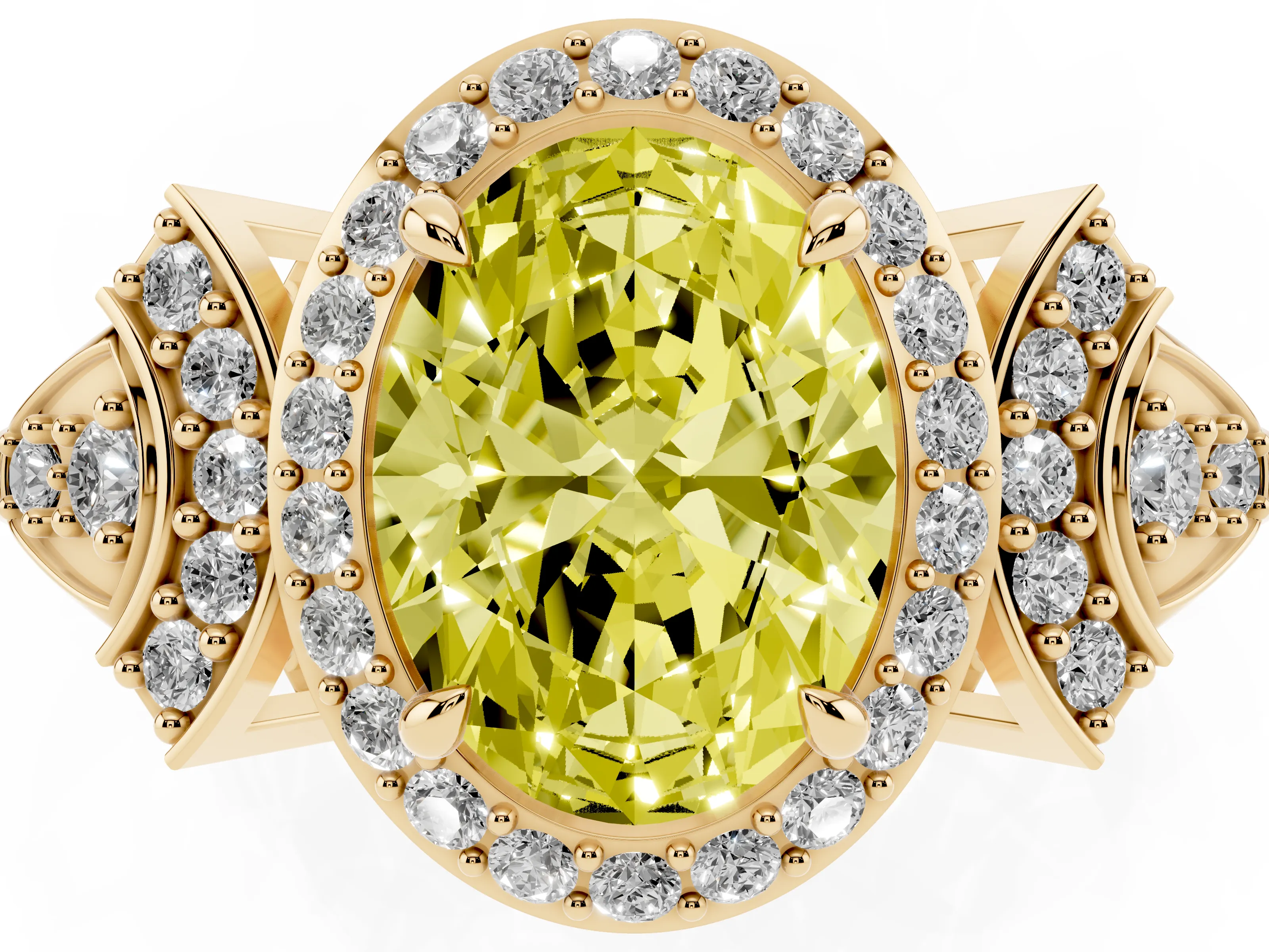 Fancy Yellow Oval Cut Diamond Halo Engagement Ring Set in Yellow gold with Accent Stone Split Shank