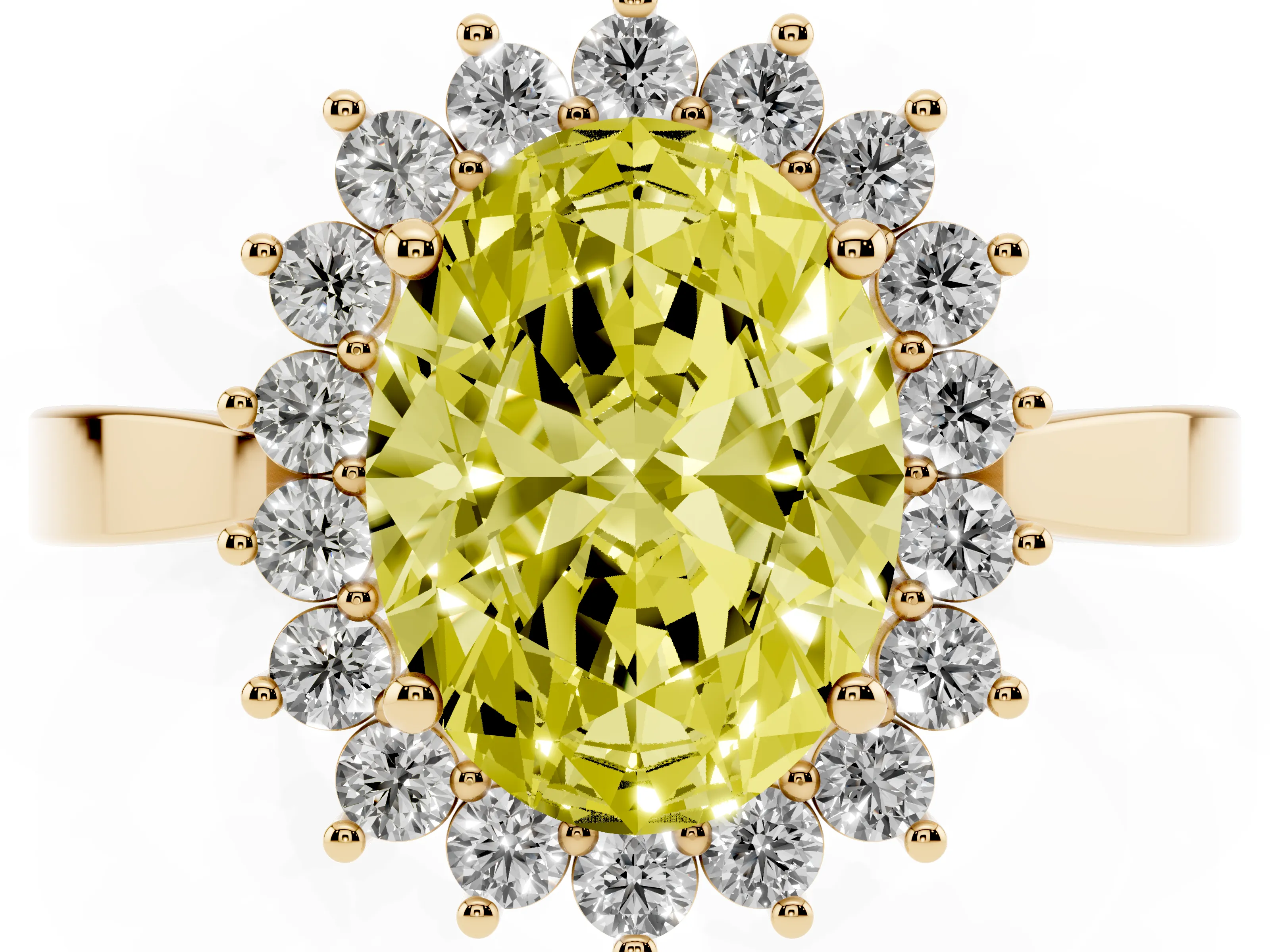 Fancy Yellow Oval Cut Diamond Halo Ring Set in Yellow gold with Round Halo and Smooth Solitaire Band