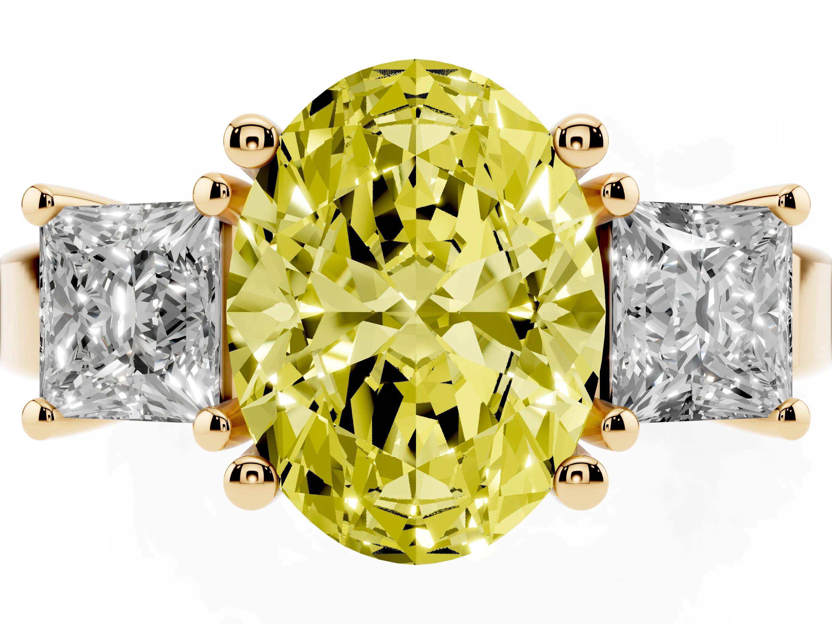Fancy Yellow Three-Stone Oval Cut Diamond Solitaire Ring Set in Yellow gold with Prong Setting