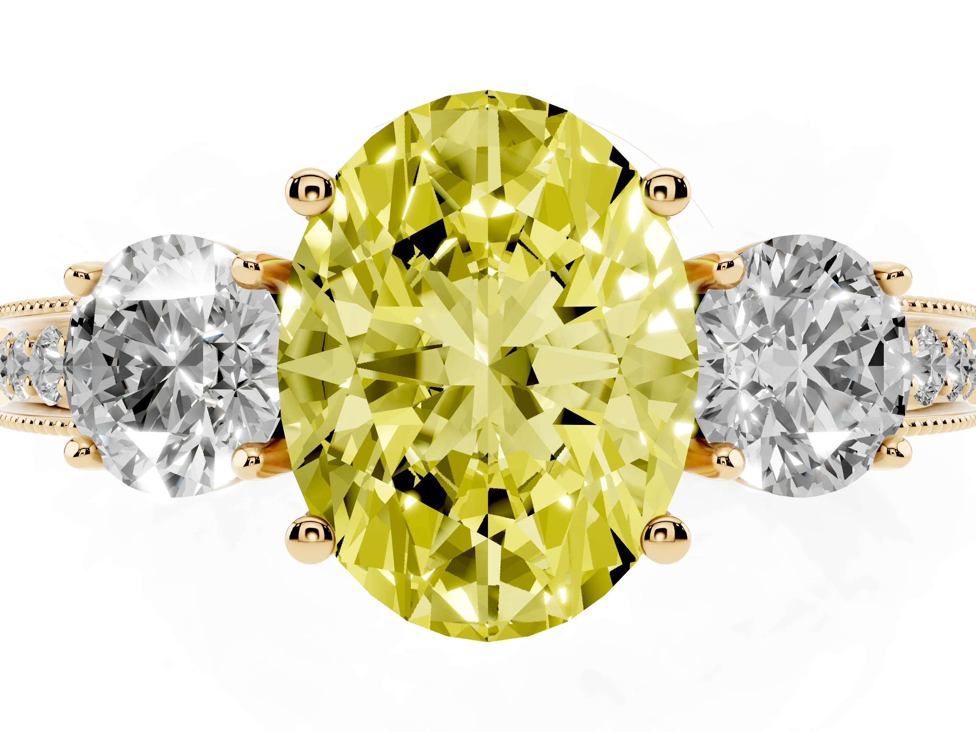 Fancy Yellow Oval Cut Diamond Three-Stone Ring Set in Yellow gold with Round Side Stones and Pavé Band