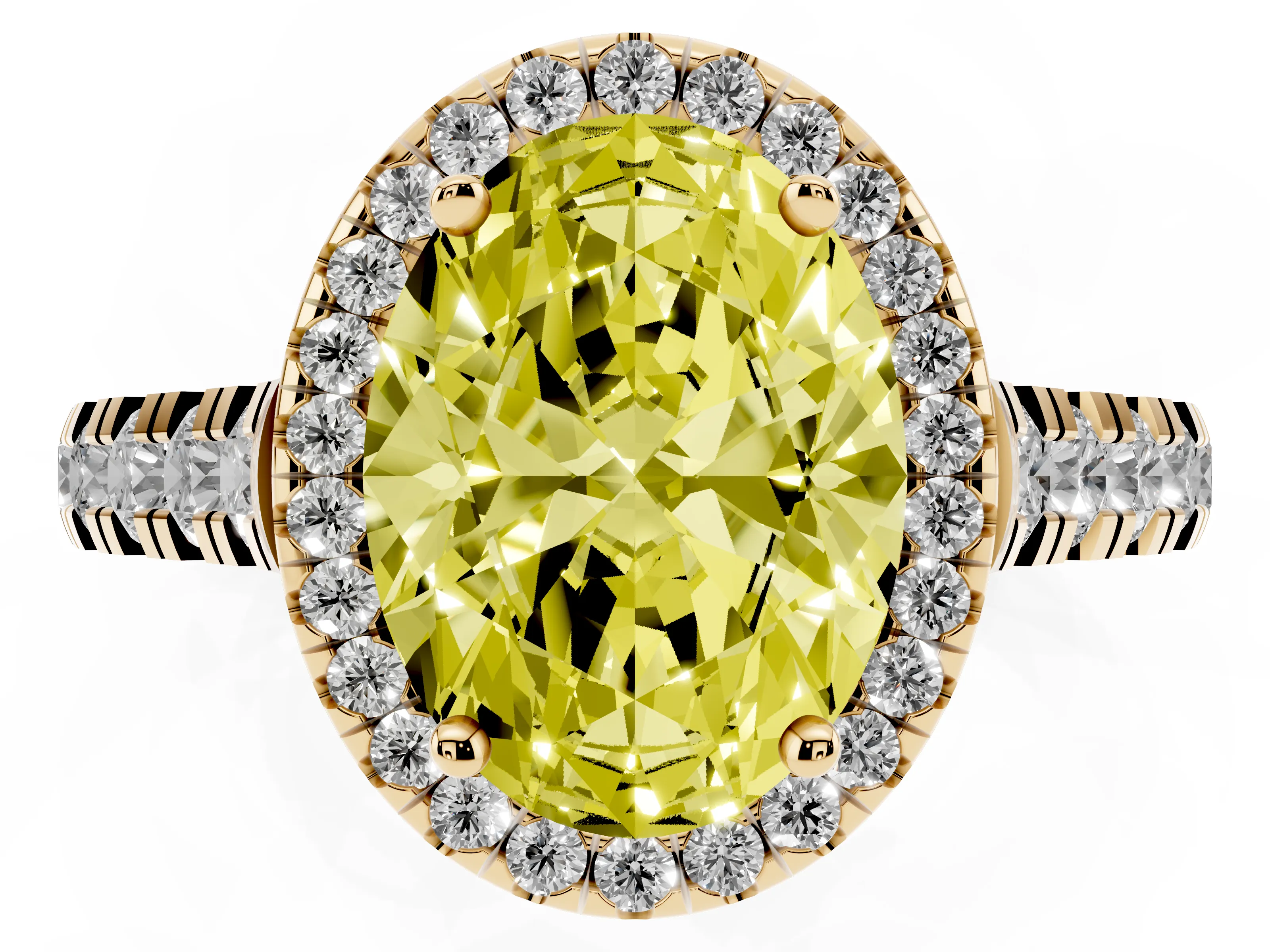 Fancy Yellow Oval Cut Diamond Halo Engagement Ring Set in Yellow gold with Pavé Band and Prong-Set Center