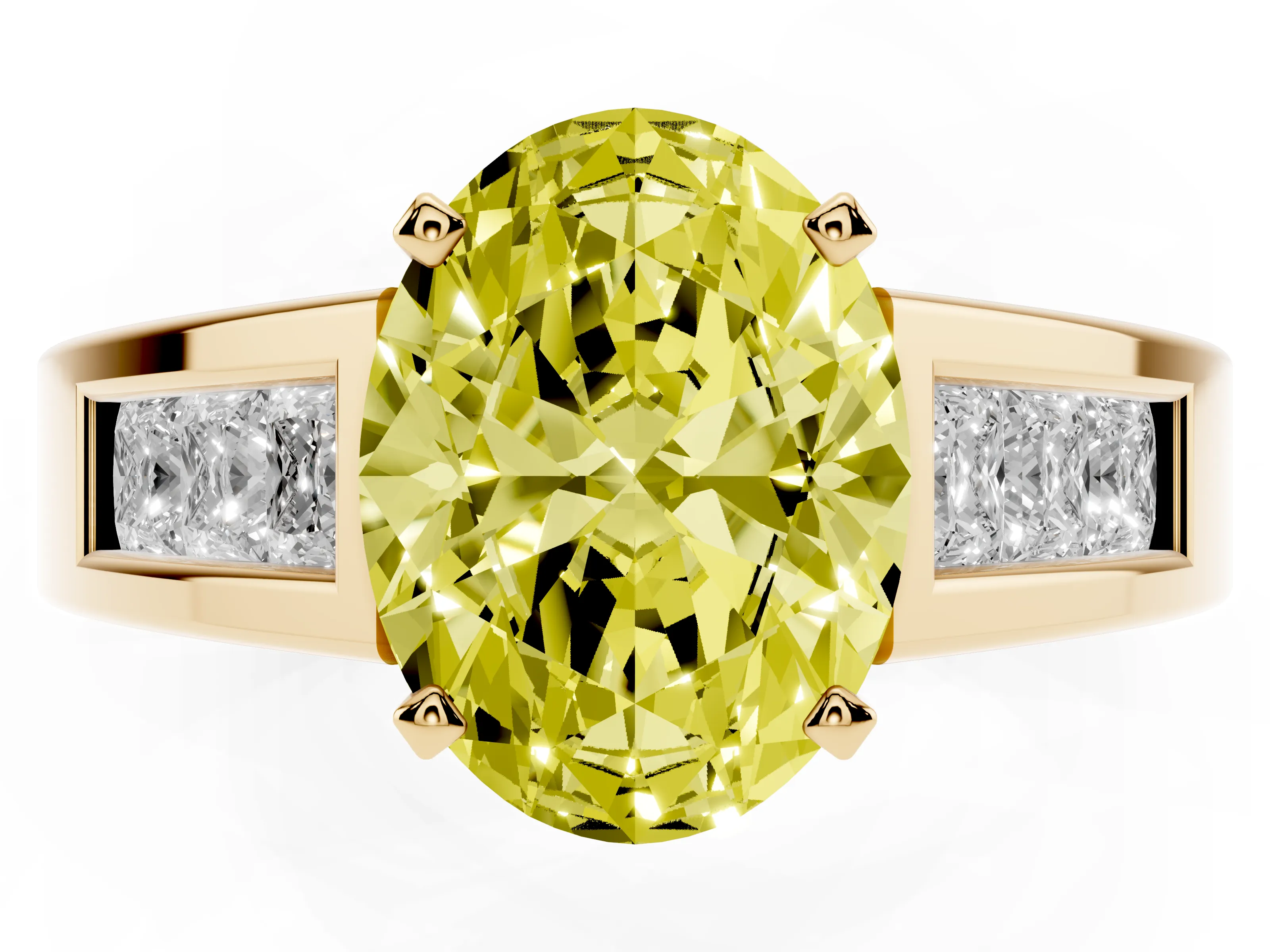 Fancy Yellow Oval Cut Diamond Solitaire Ring Set in Yellow gold with Channel-Set Accent Stones and Prong Setting