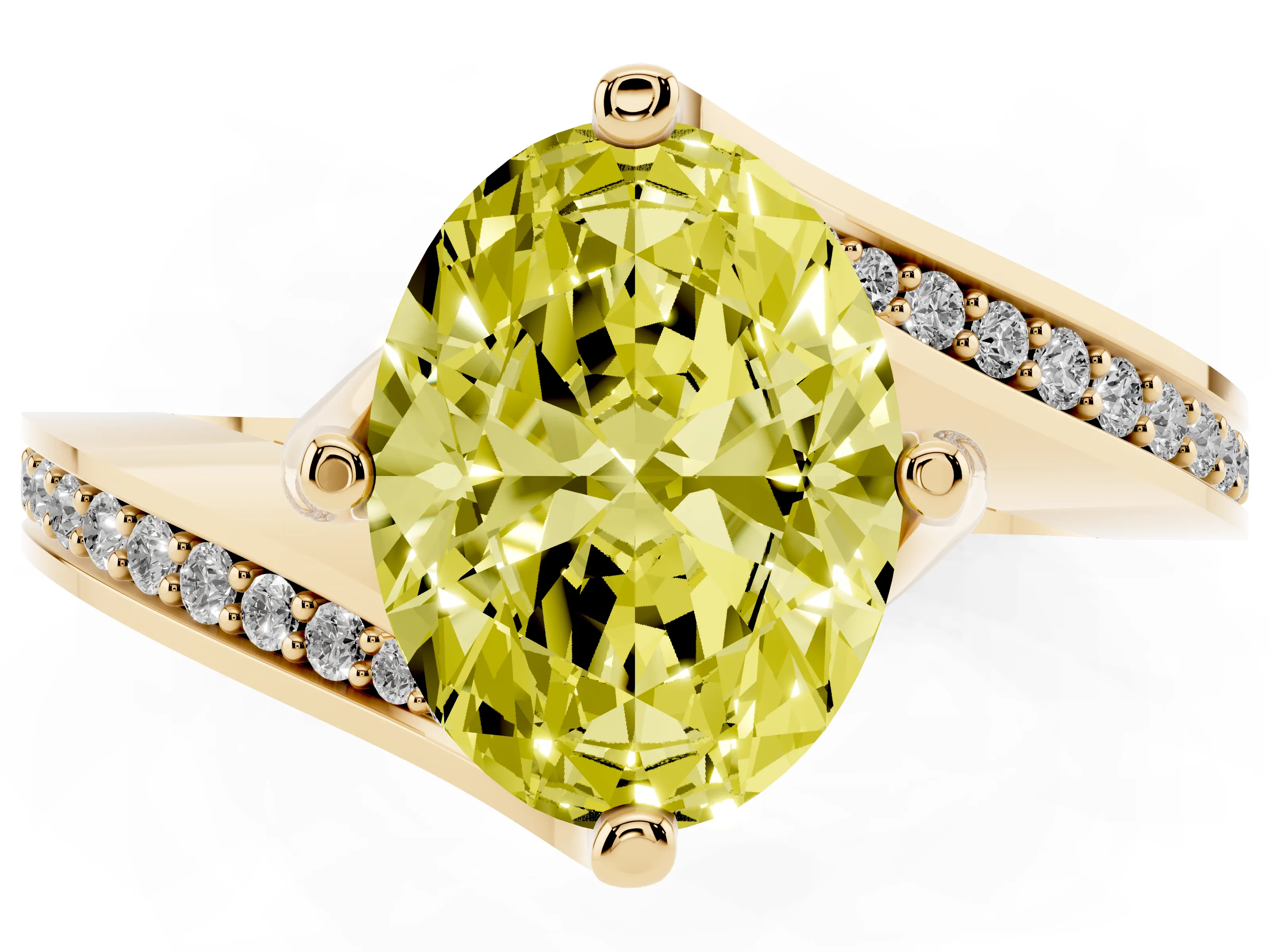 Fancy Yellow Oval Cut Diamond Solitaire Ring Set in Yellow gold with Intertwined Pavé Twist Band