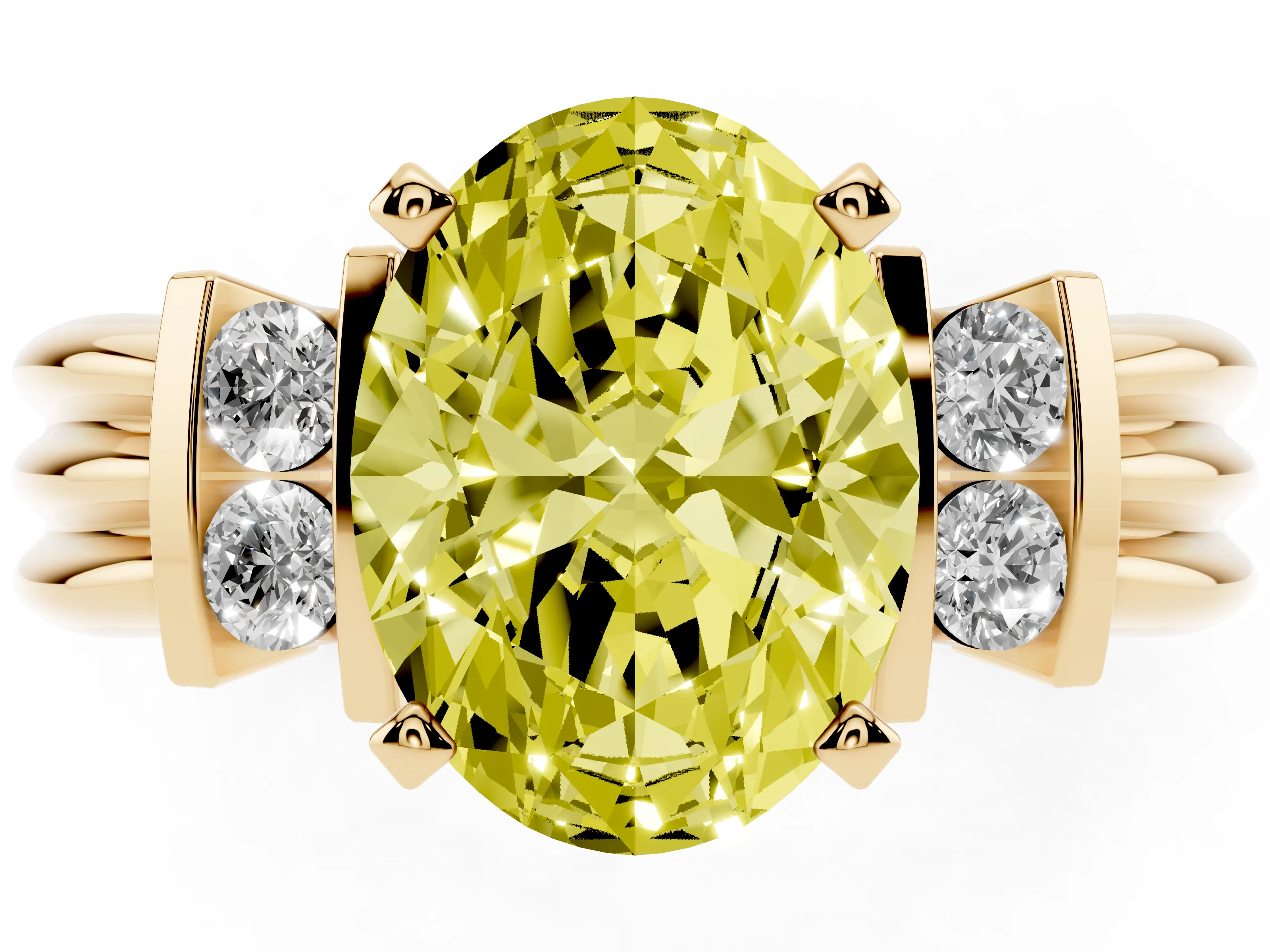 Fancy Yellow Three-Stone Oval Cut Diamond Channel Set Ring Set in Yellow gold with Bar Prongs