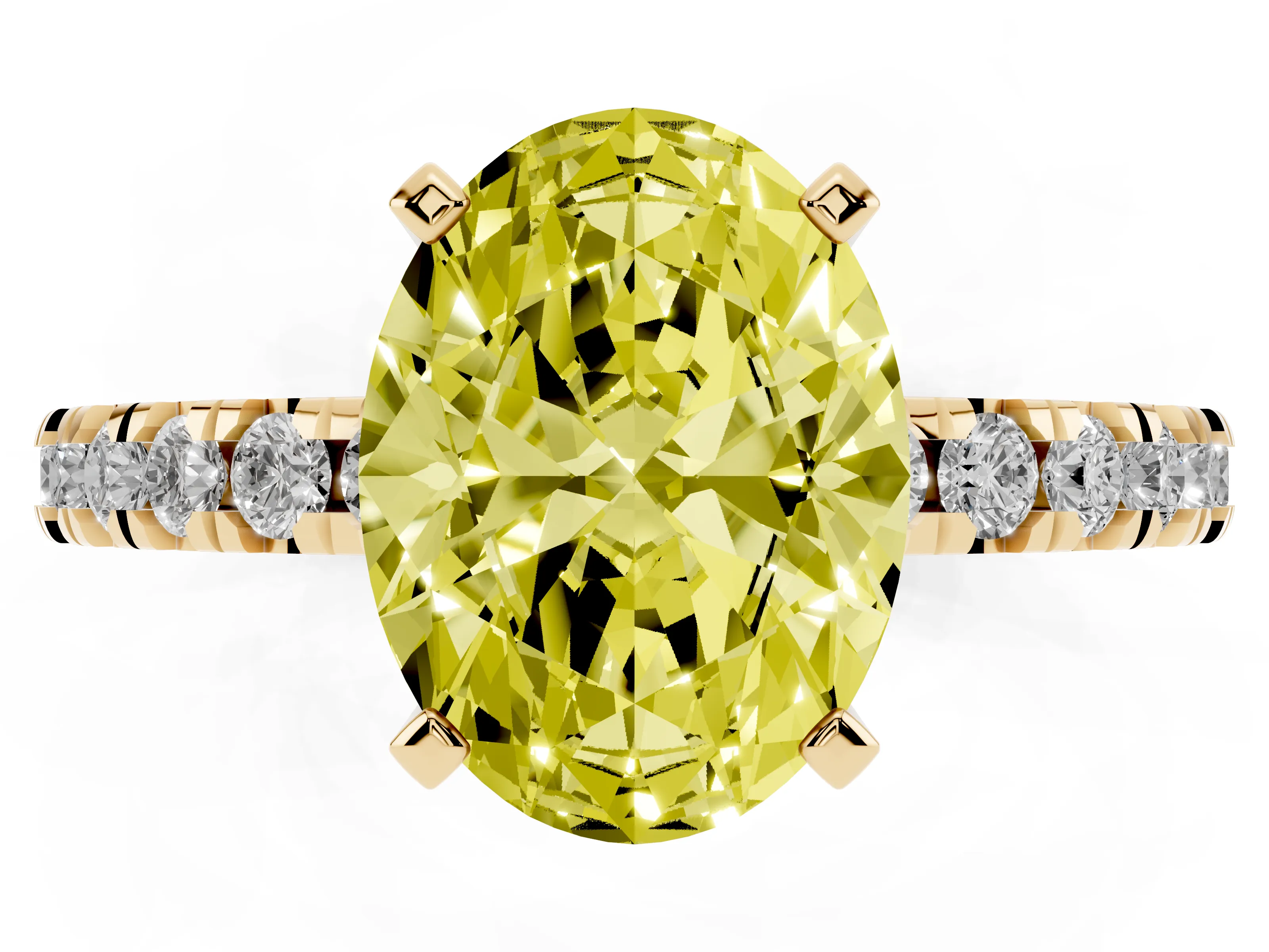 Fancy Yellow Oval Cut Diamond Pavé Band Solitaire Set in Yellow gold with Prong Setting