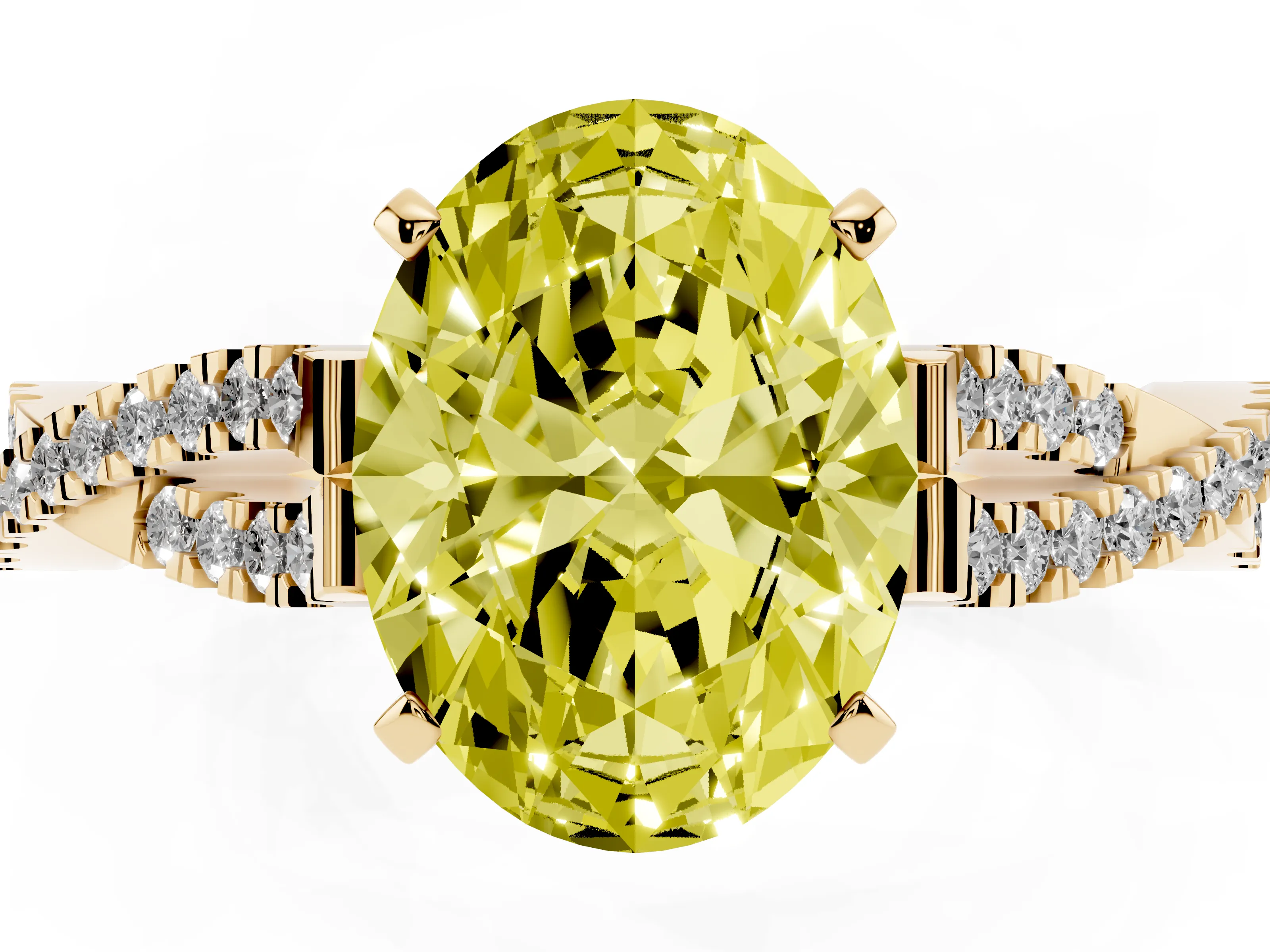 Fancy Yellow Oval Cut Diamond Solitaire Engagement Ring Set in Yellow gold with Twisted Pavé Band and Prong Setting