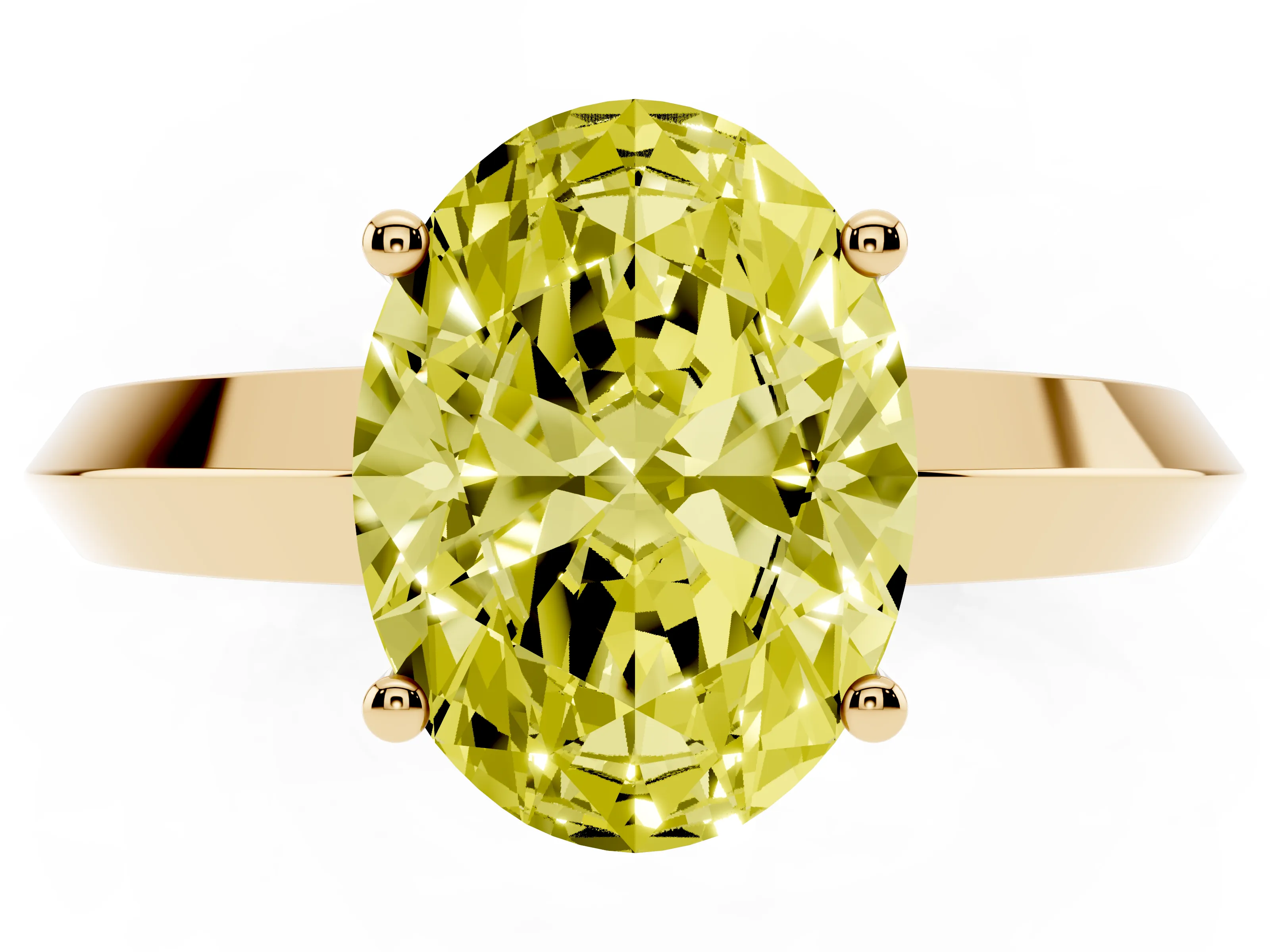 Fancy Yellow Oval Cut Diamond Solitaire Engagement Ring Set in Yellow gold with Flat Band and Prong Setting