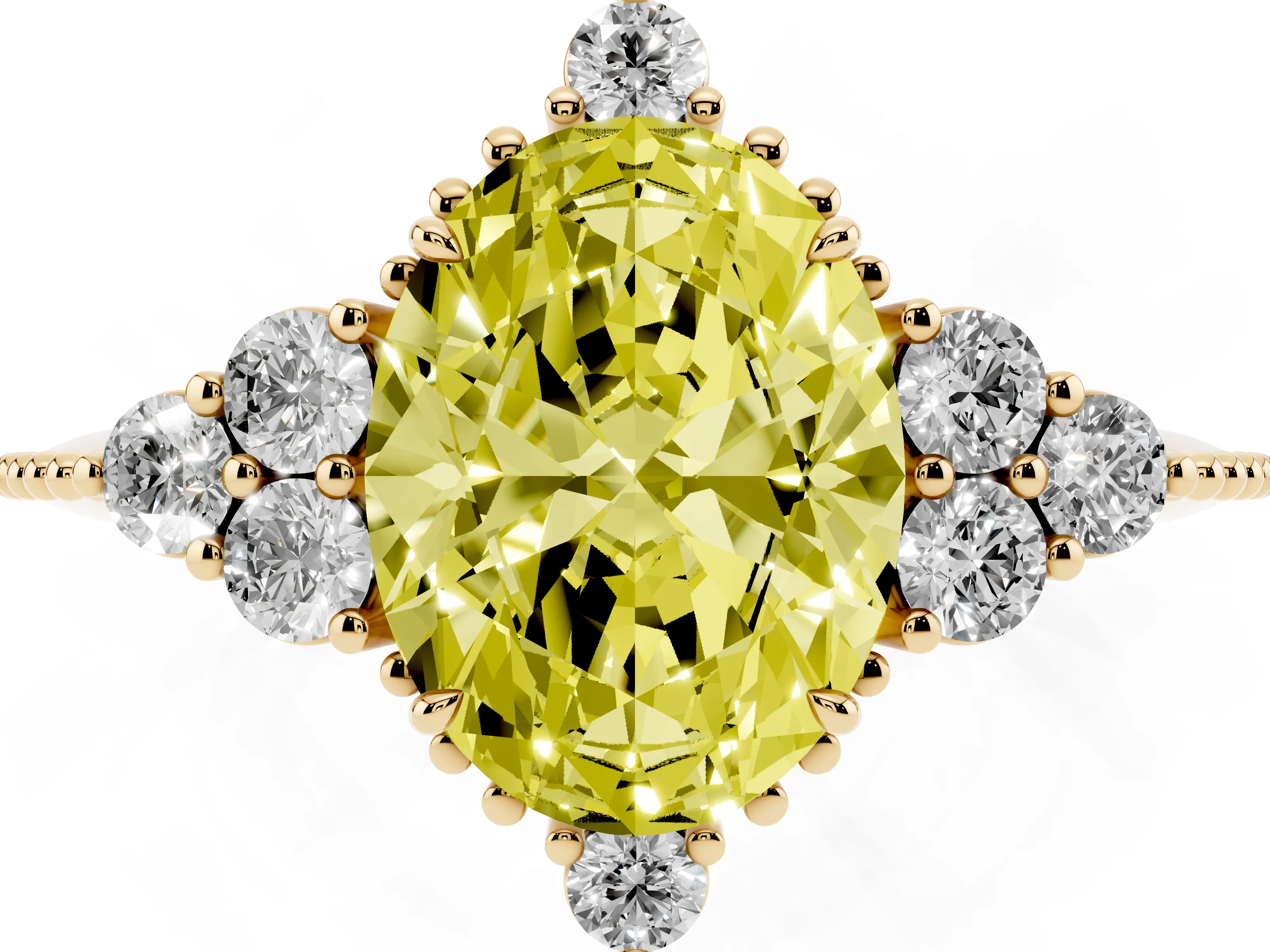 Fancy Yellow Oval Cut Diamond Cluster Ring Set in Yellow gold with Beaded Band