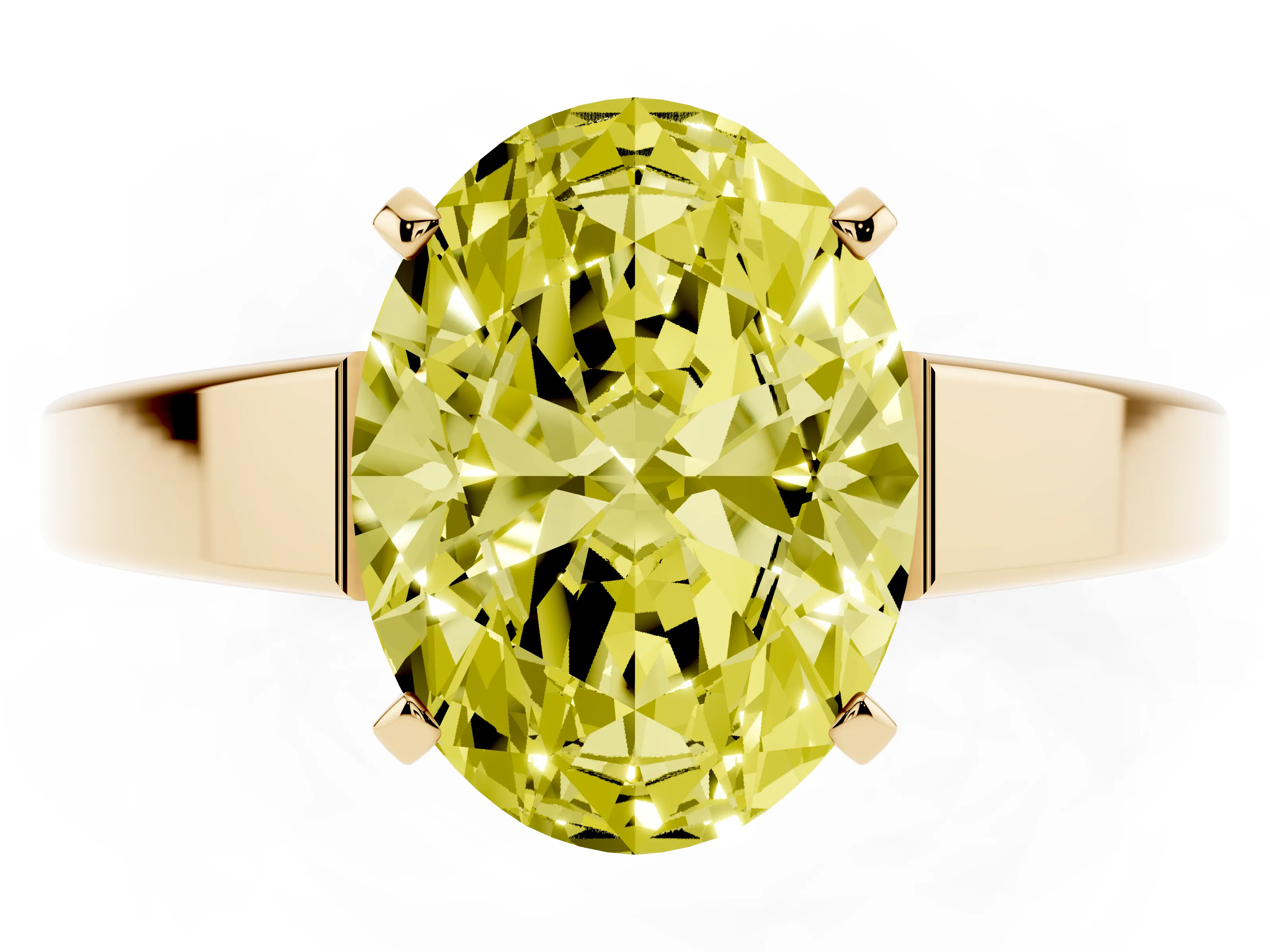 Fancy Yellow Oval Cut Diamond Solitaire Engagement Ring Set in Yellow gold with Prong Setting and Tapered Band