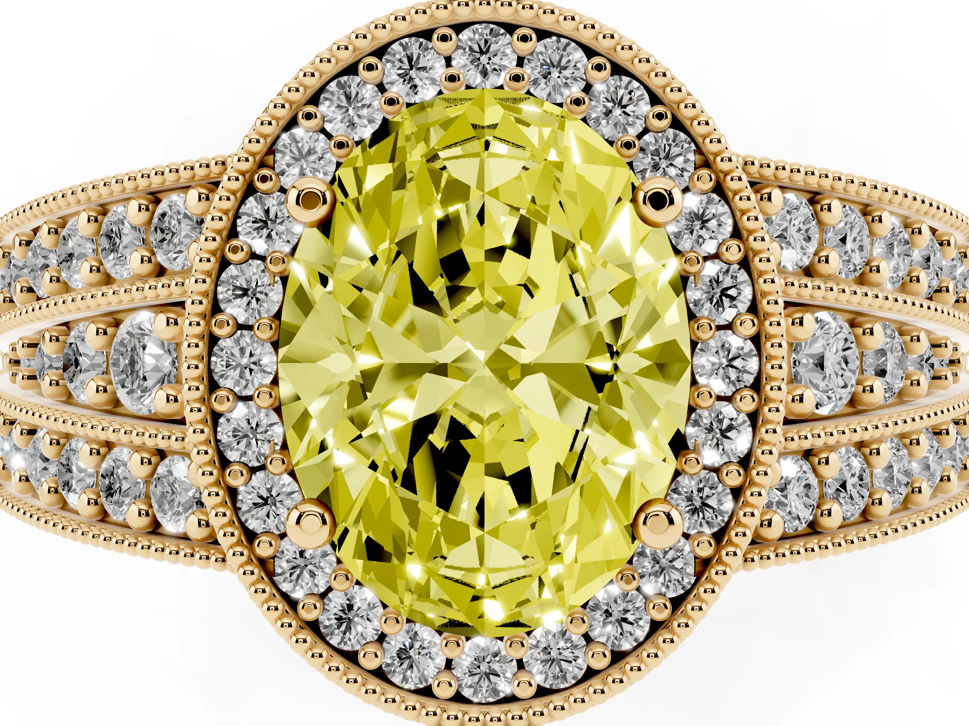 Fancy Yellow Oval Cut Diamond Halo Ring Set in Yellow gold with Accent Split Shank and Prong Setting