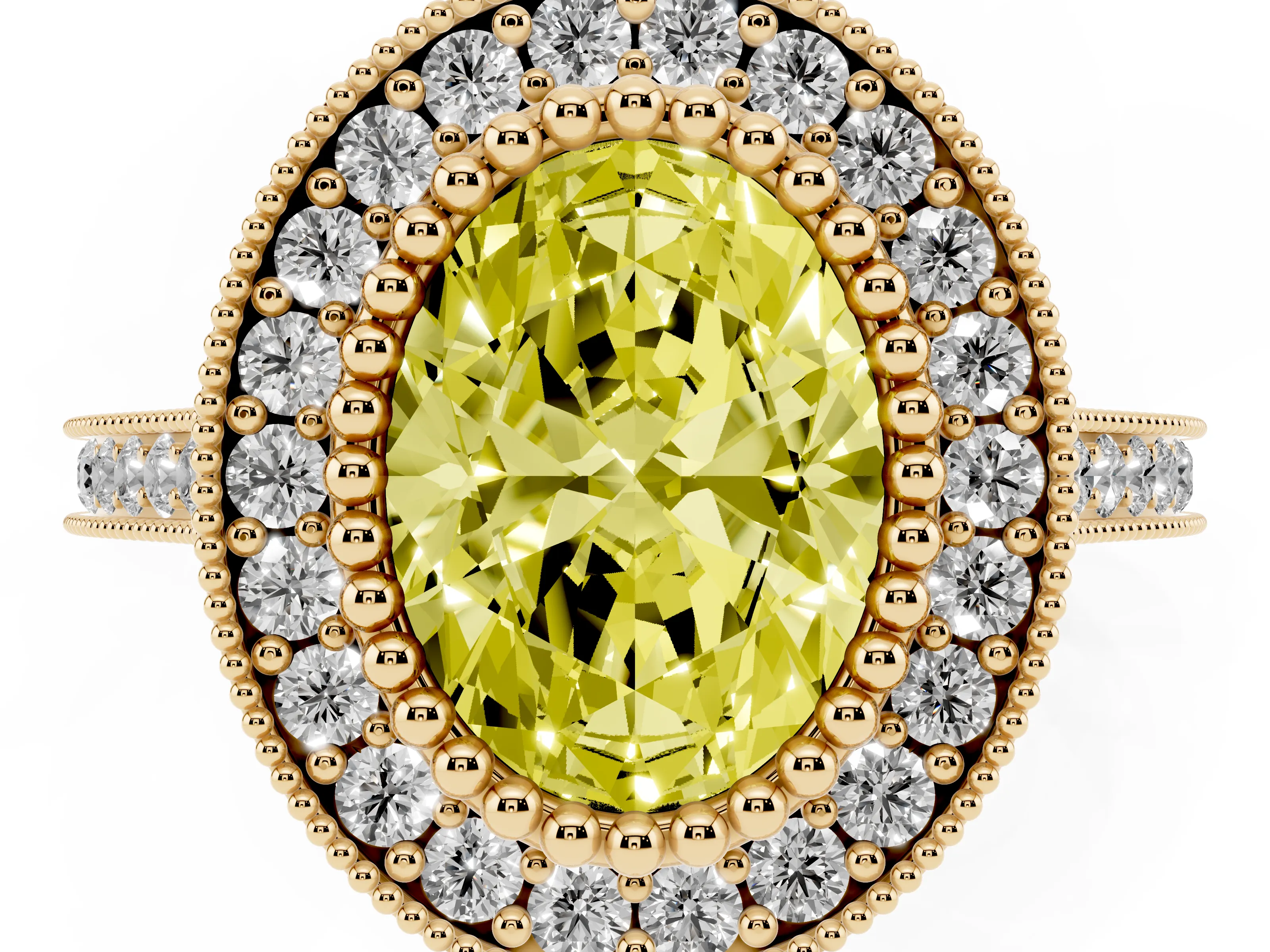 Fancy Yellow Oval Cut Diamond Halo Ring Set in Yellow gold with Milgrain Frame and Pavé Band