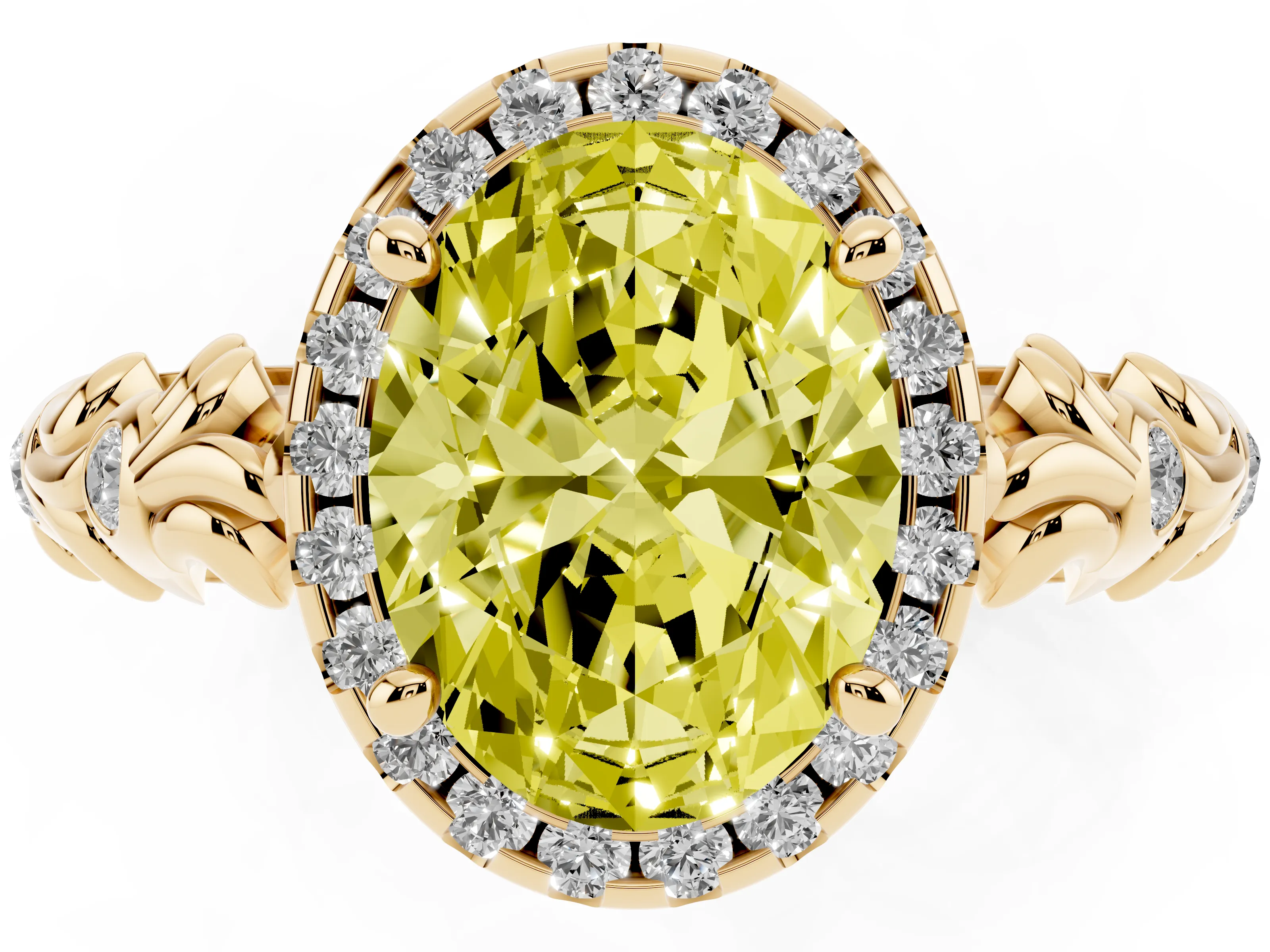 Fancy Yellow Oval Cut Diamond Halo Ring Set in Yellow gold with Filigree Leaf Band and Prong Setting